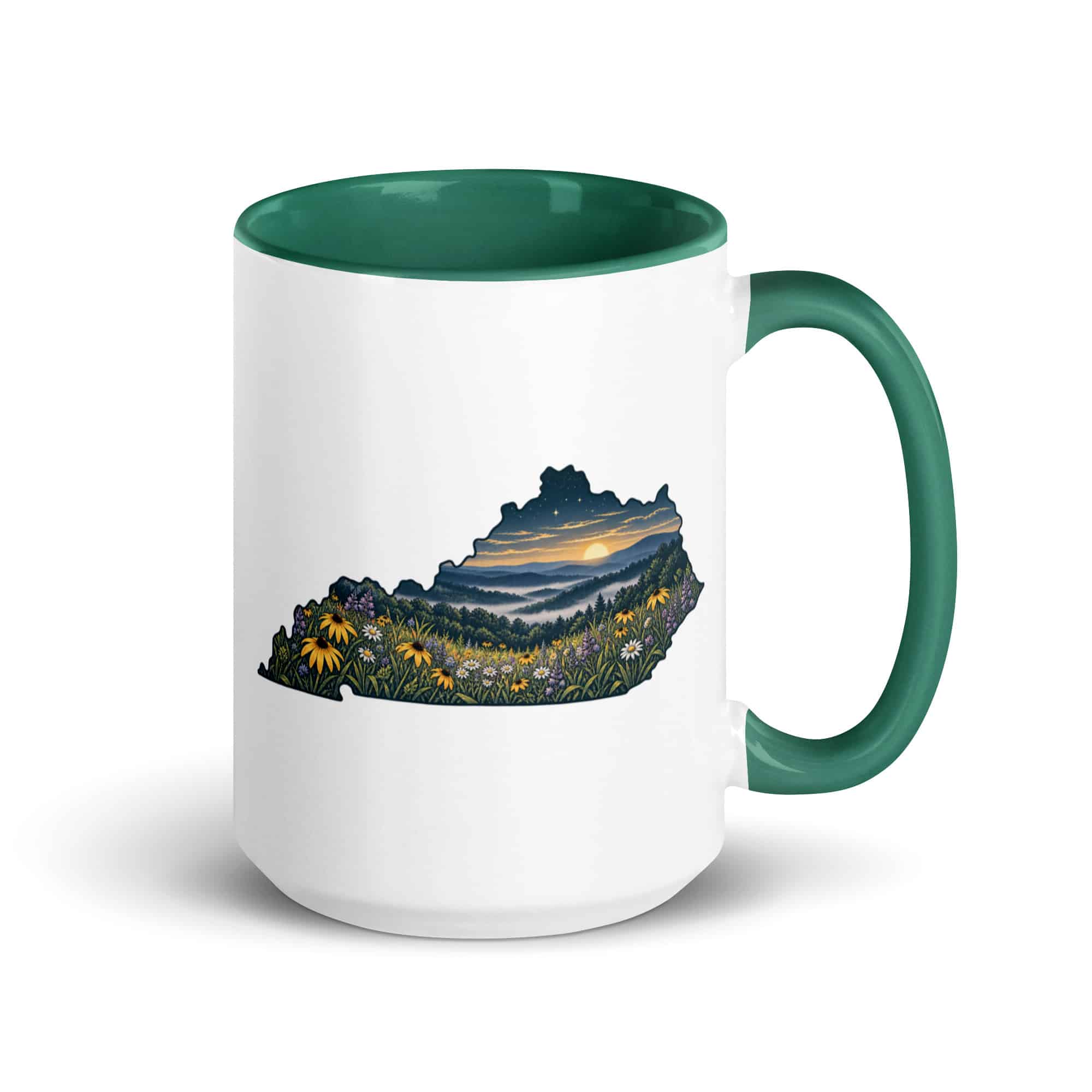 Kentucky Color Inside Coffee Mug: Wildflower meadow, Illustrated Kentucky Silhouette