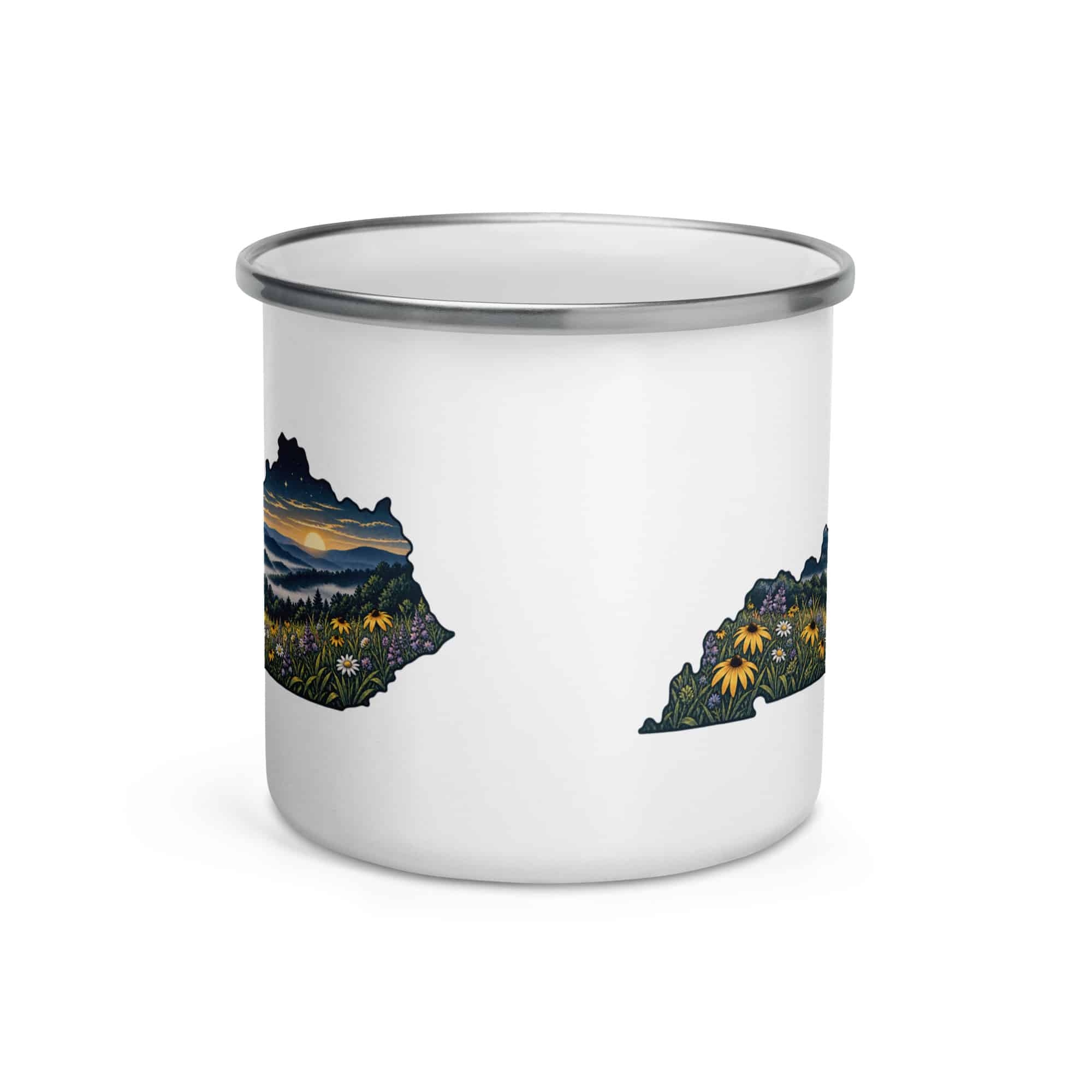 Kentucky Enamel Camp Mug: Wildflower meadow, Illustrated Kentucky Silhouette