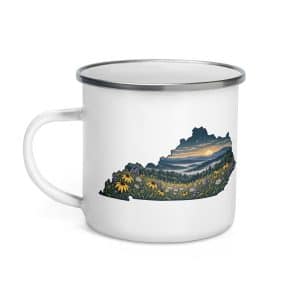 Kentucky Enamel Camp Mug: Wildflower meadow, Illustrated Kentucky Silhouette - 12 oz - Left