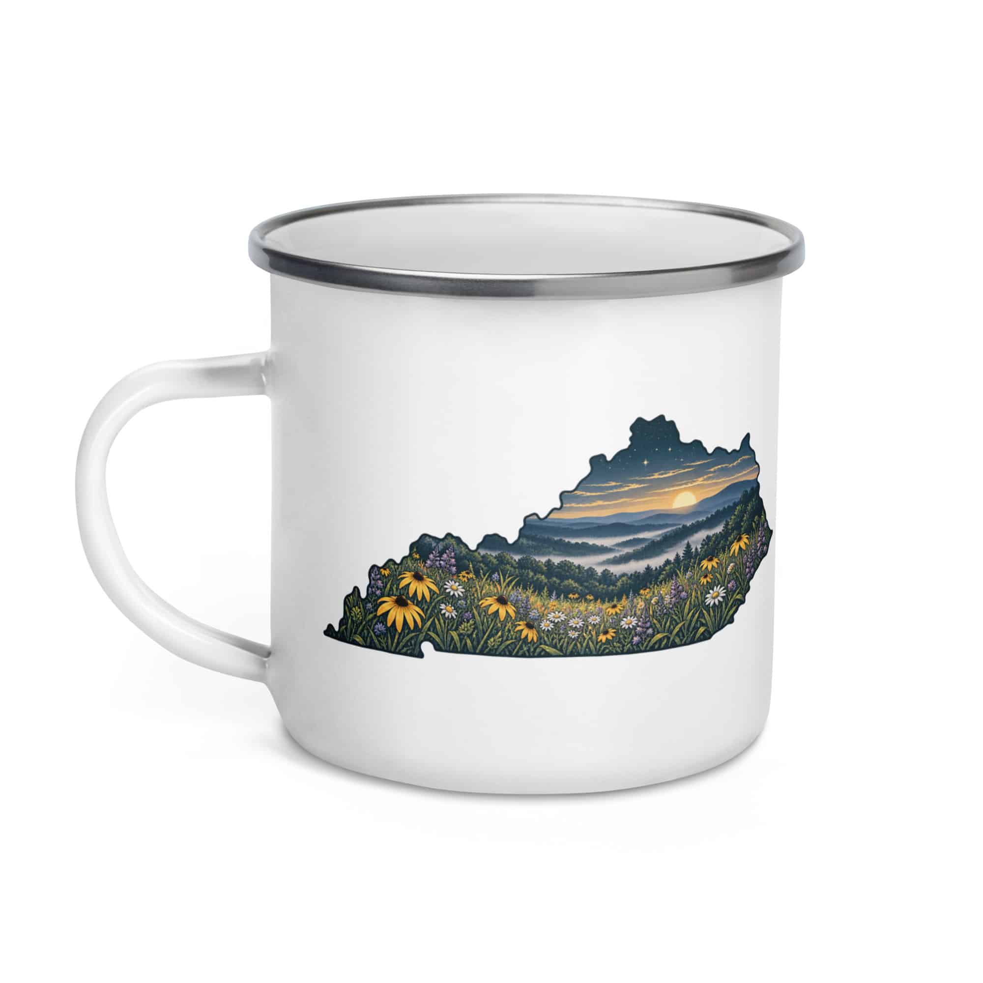 Kentucky Enamel Camp Mug: Wildflower meadow, Illustrated Kentucky Silhouette