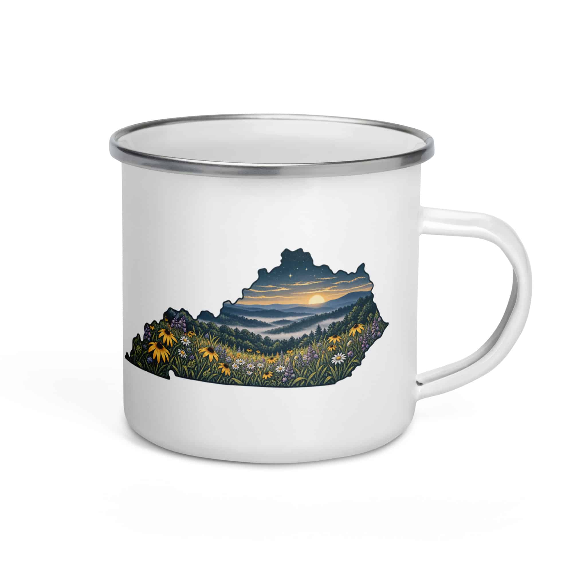 Kentucky Enamel Camp Mug: Wildflower meadow, Illustrated Kentucky Silhouette