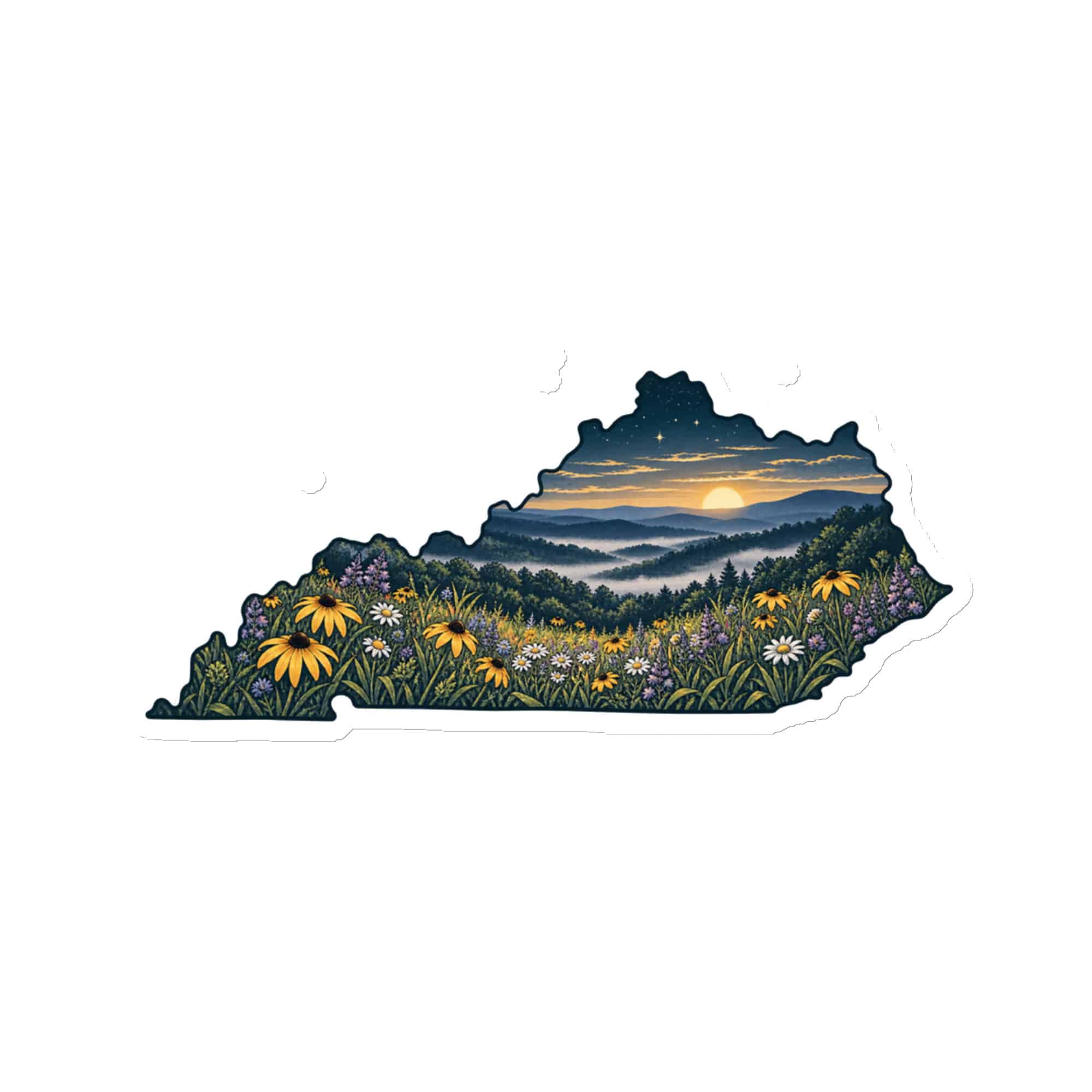 Kentucky Die-Cut Magnet: Wildflower meadow, Illustrated Kentucky Silhouette