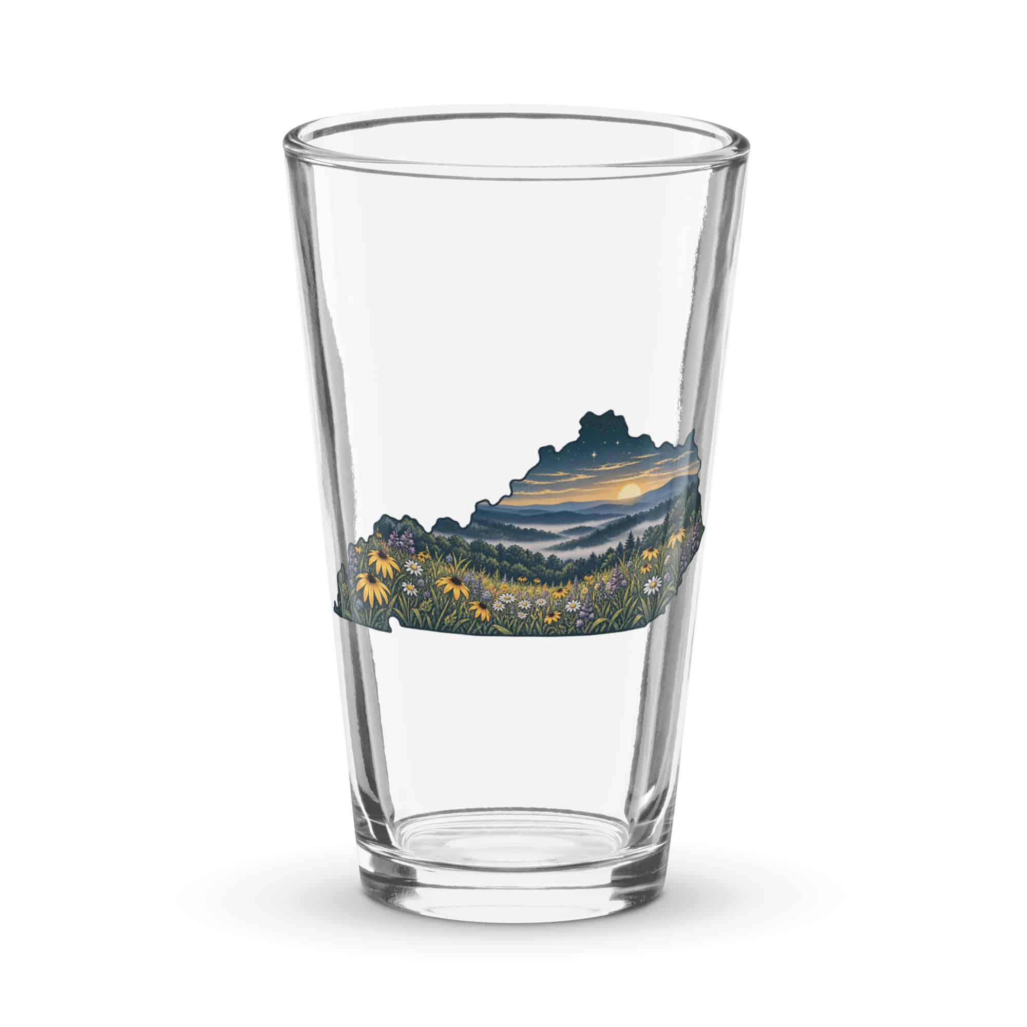 Kentucky Pint Glass: Wildflower meadow, Illustrated Kentucky Silhouette
