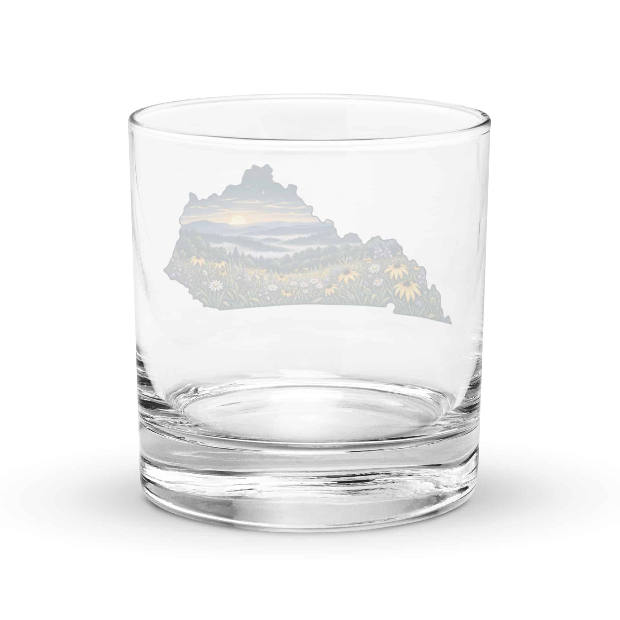 Kentucky Rocks Glass: Wildflower meadow, Illustrated Kentucky Silhouette