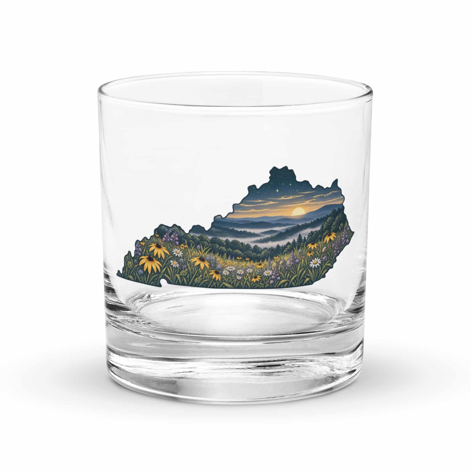 Kentucky Rocks Glass: Wildflower meadow, Illustrated Kentucky Silhouette