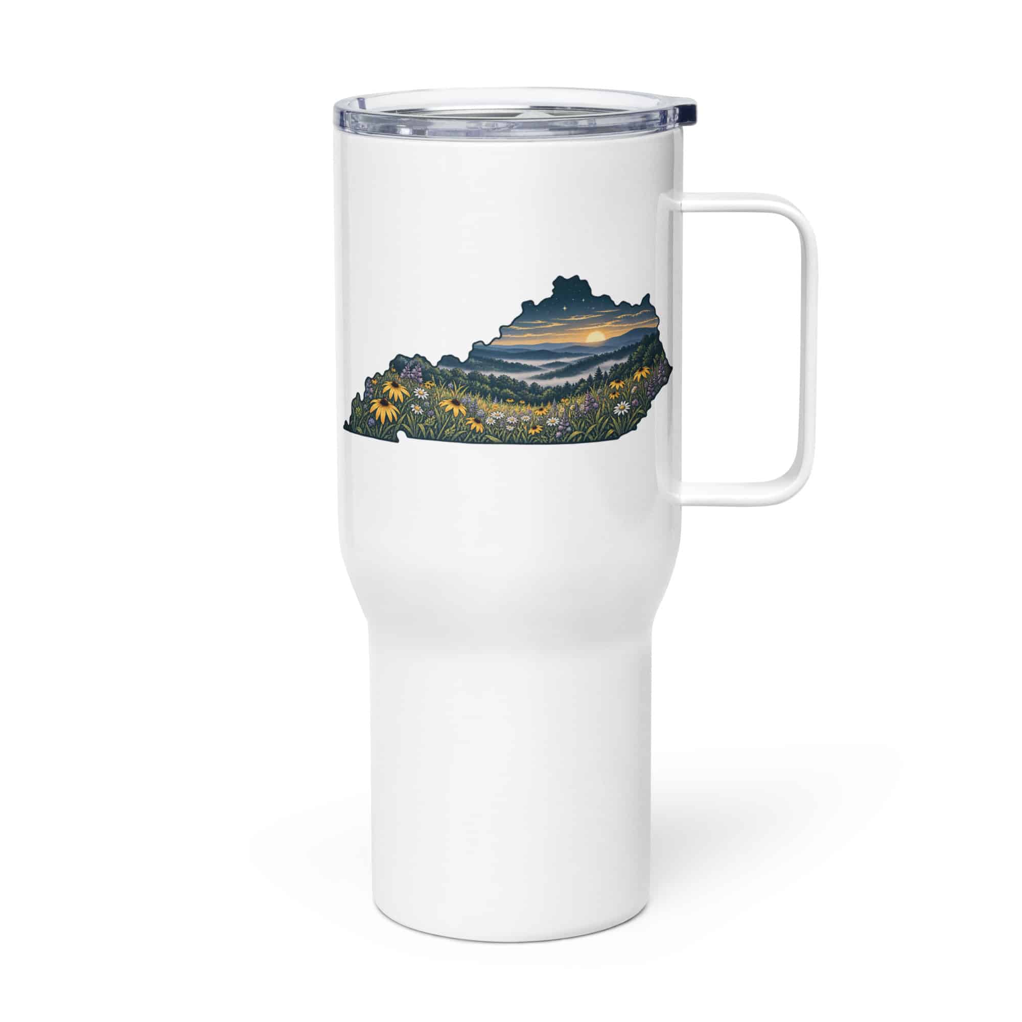 Kentucky Travel Mug: Wildflower meadow, Illustrated Kentucky Silhouette