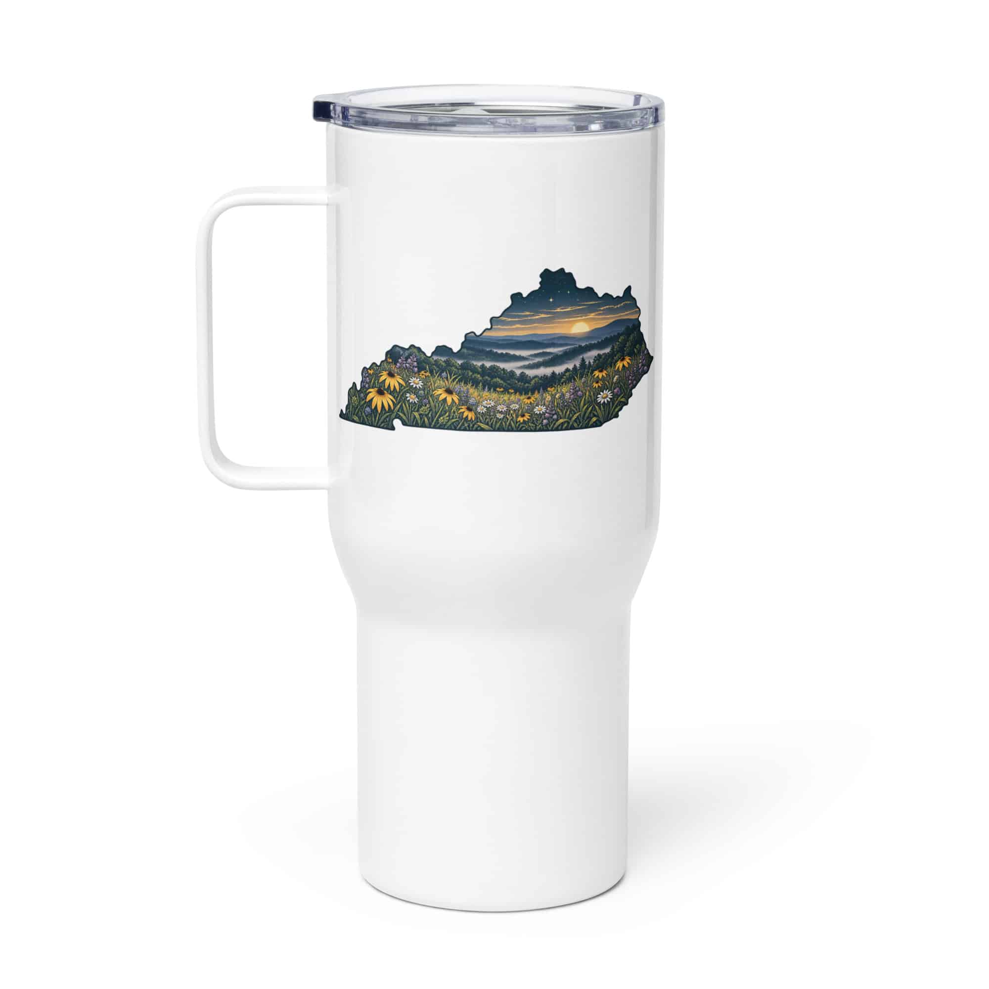 Kentucky Travel Mug: Wildflower meadow, Illustrated Kentucky Silhouette
