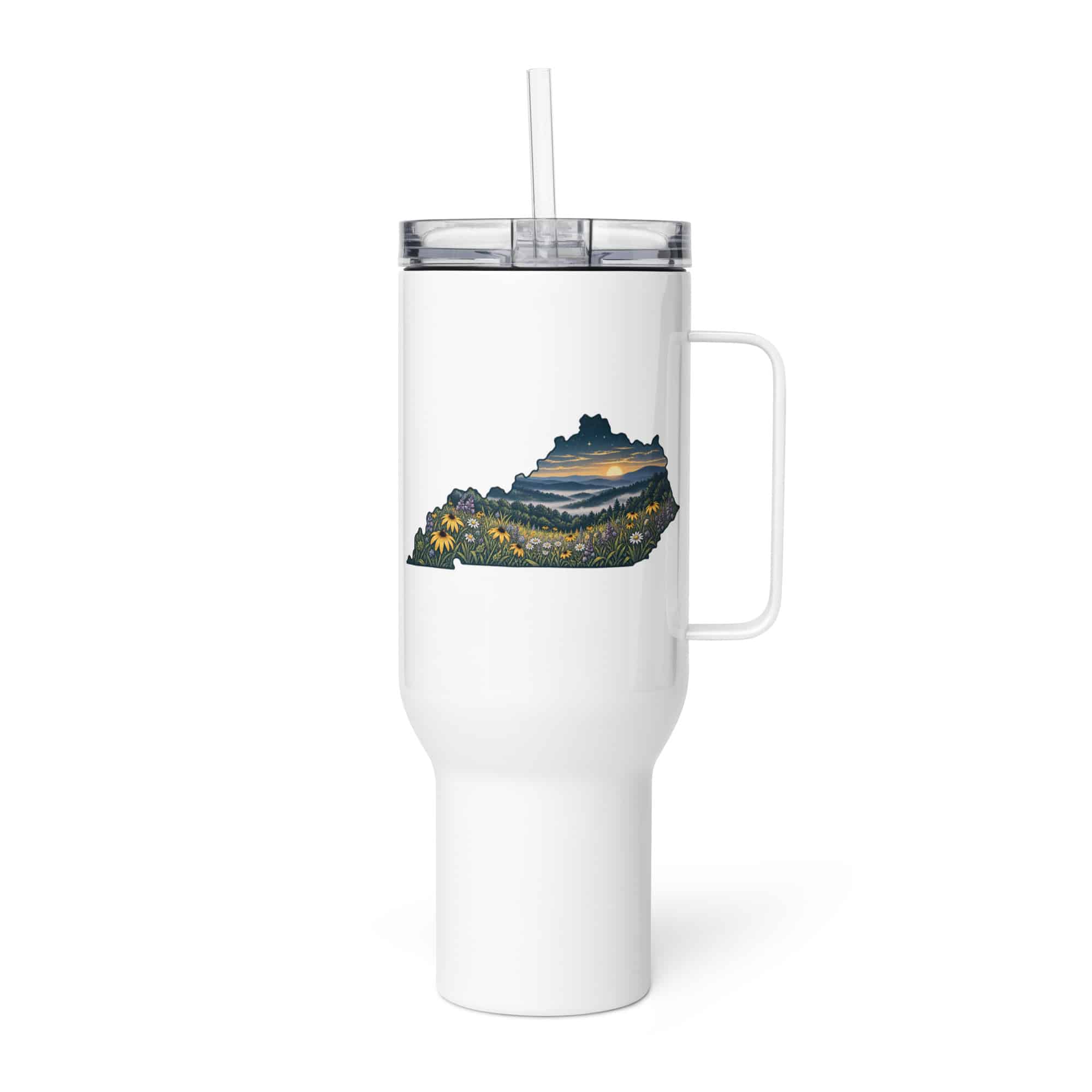 Kentucky Travel Mug: Wildflower meadow, Illustrated Kentucky Silhouette