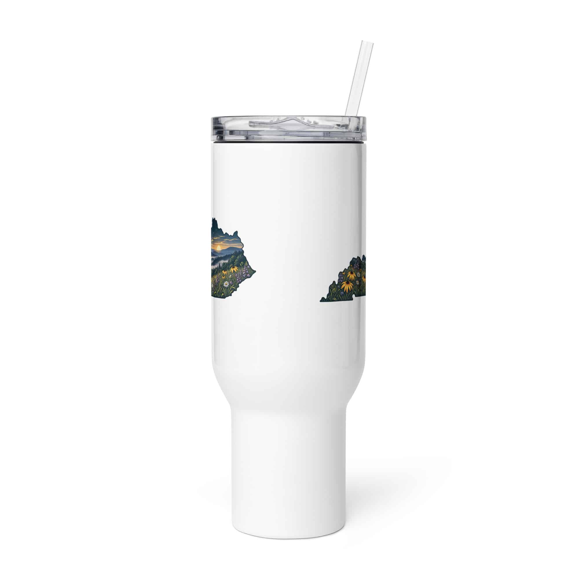 Kentucky Travel Mug: Wildflower meadow, Illustrated Kentucky Silhouette