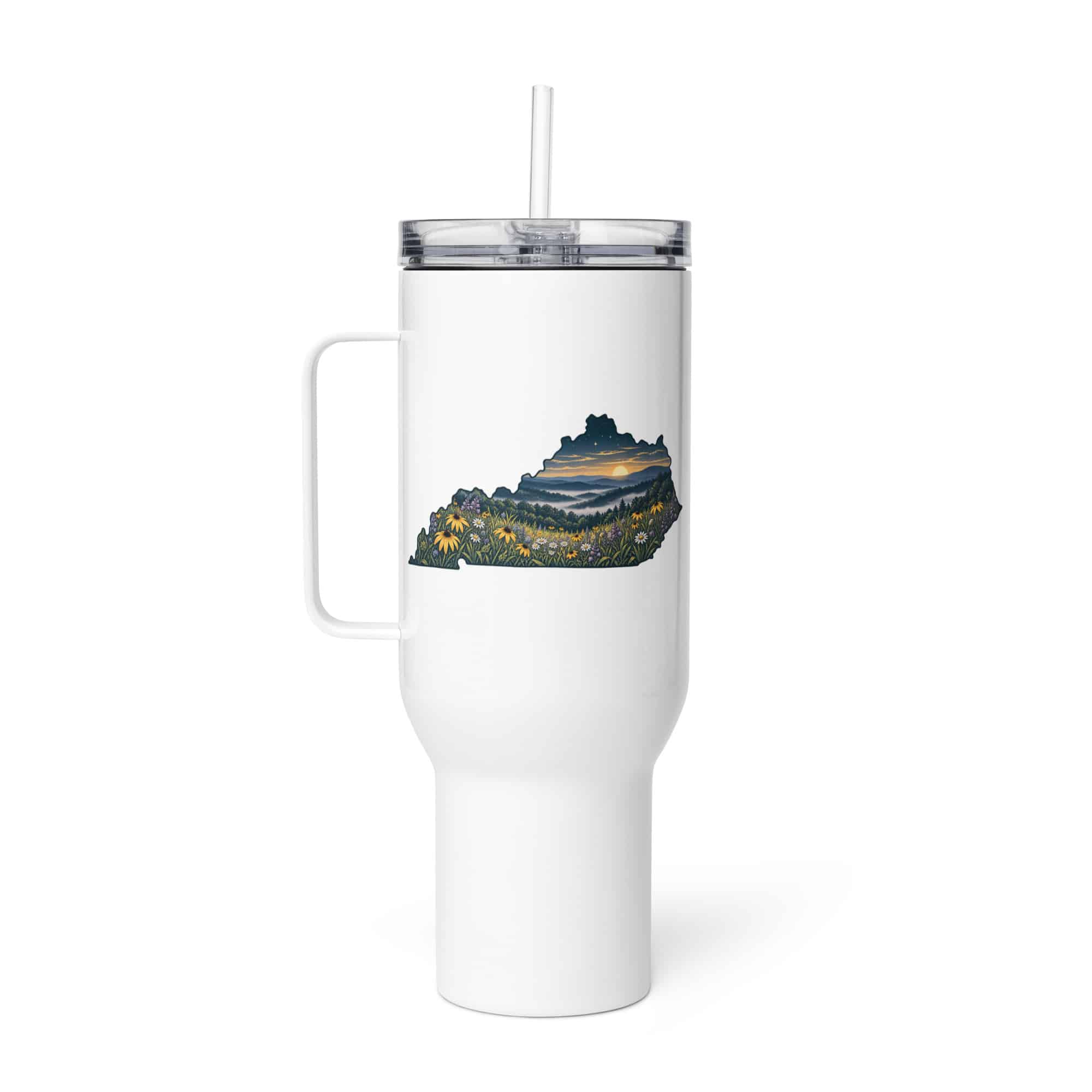 Kentucky Travel Mug: Wildflower meadow, Illustrated Kentucky Silhouette