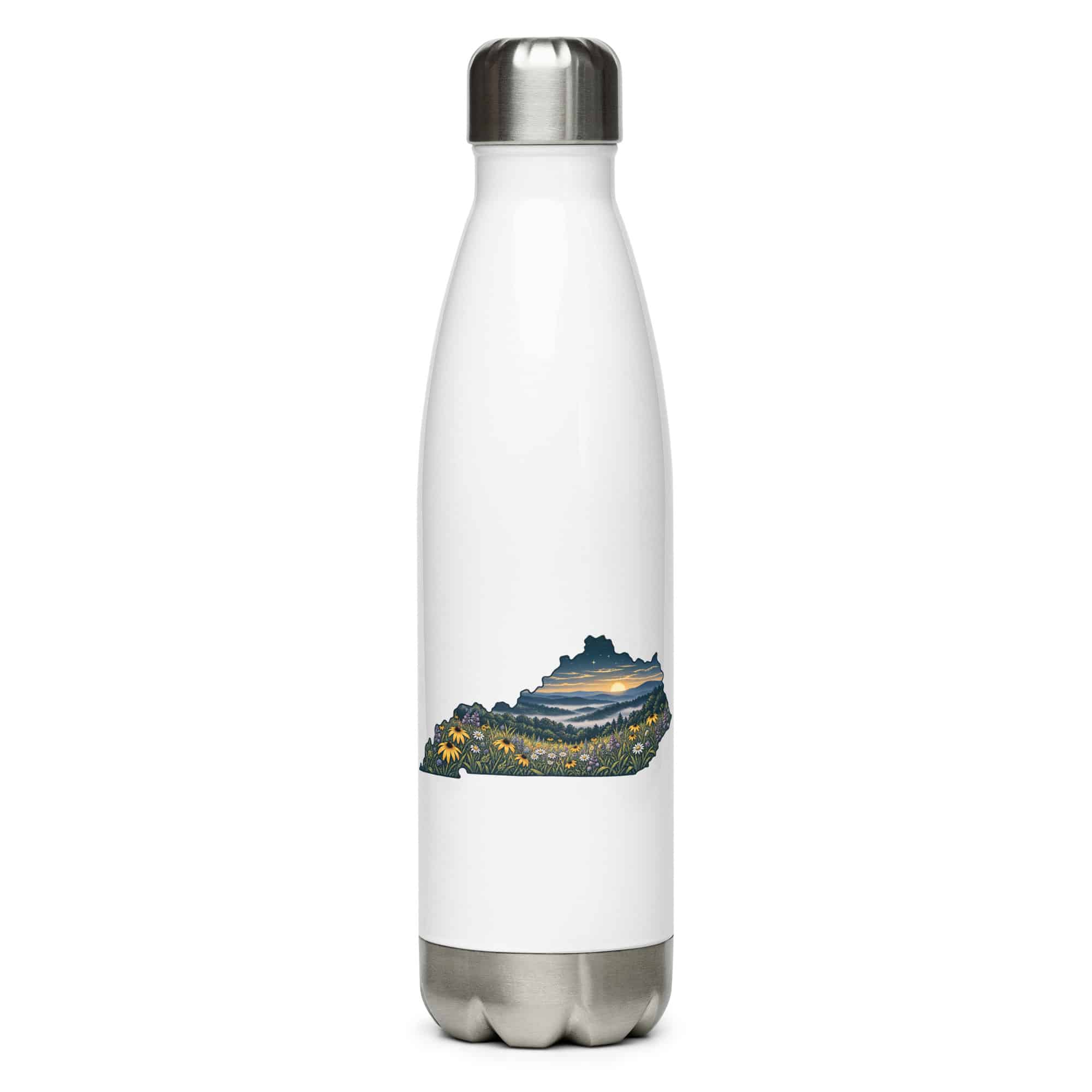 Kentucky Stainless Steel Water Bottle: Wildflower meadow, Illustrated Kentucky Silhouette