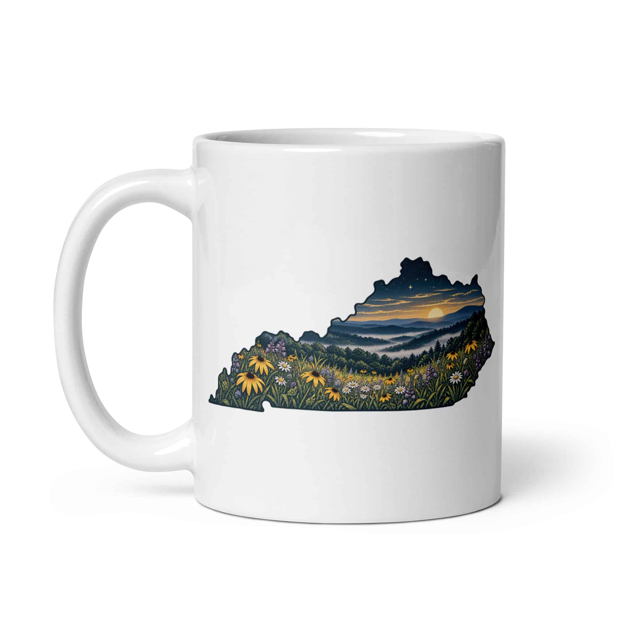 Kentucky White Ceramic Coffee Mug: Wildflower meadow, Illustrated Kentucky Silhouette
