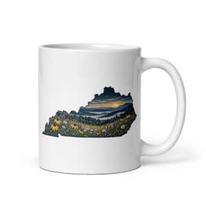 Kentucky White Ceramic Coffee Mug: Wildflower meadow, Illustrated Kentucky Silhouette - 11 oz - Main