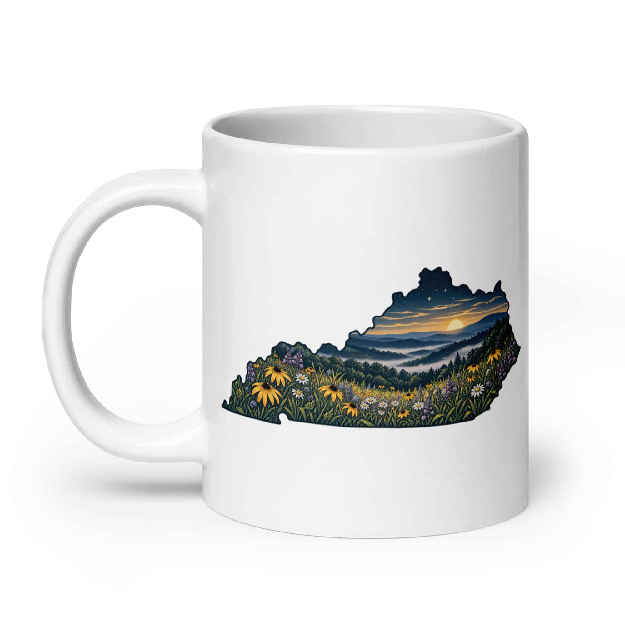 Kentucky White Ceramic Coffee Mug: Wildflower meadow, Illustrated Kentucky Silhouette