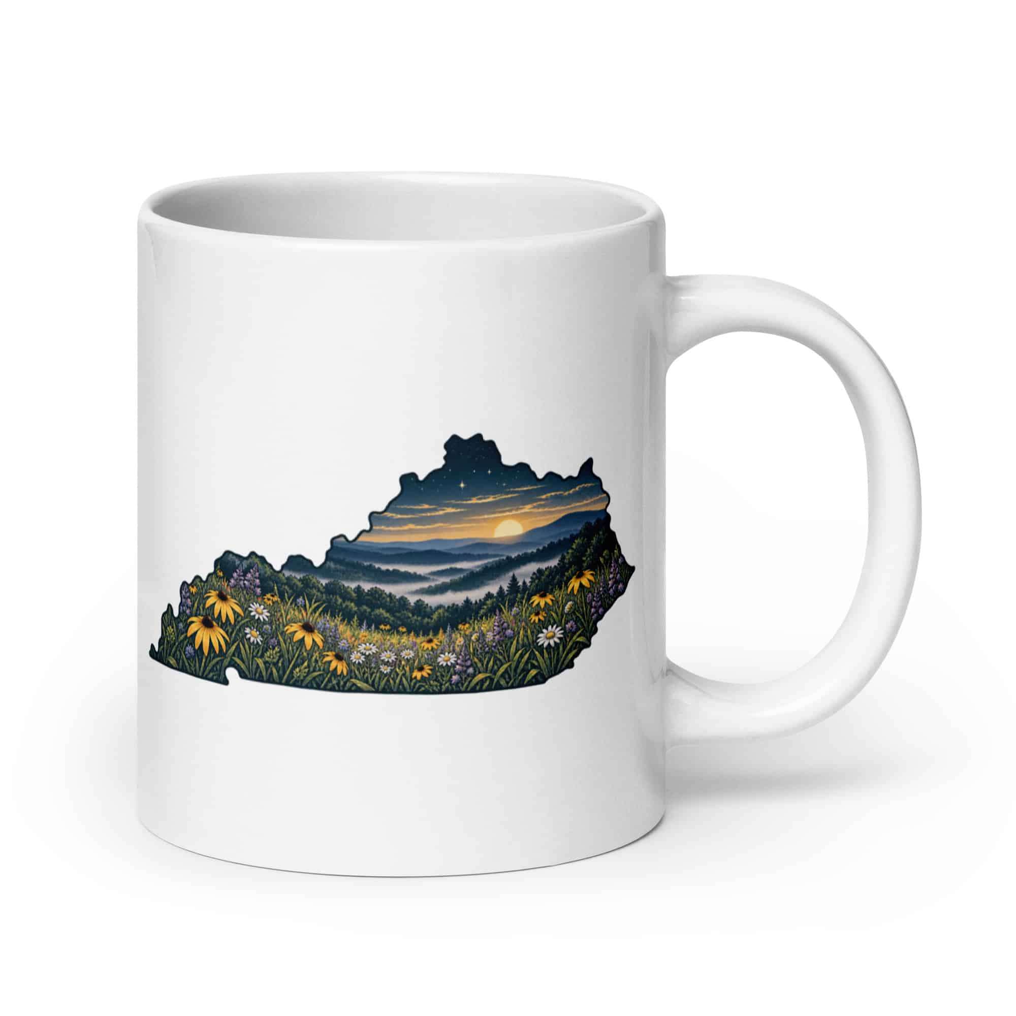 Kentucky White Ceramic Coffee Mug: Wildflower meadow, Illustrated Kentucky Silhouette