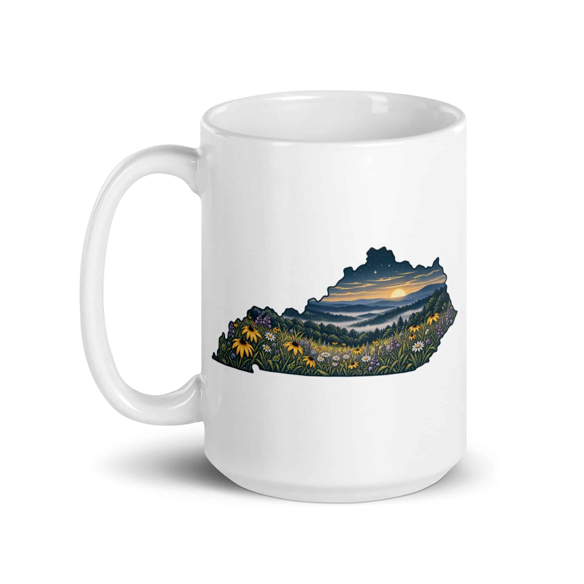 Kentucky White Ceramic Coffee Mug: Wildflower meadow, Illustrated Kentucky Silhouette