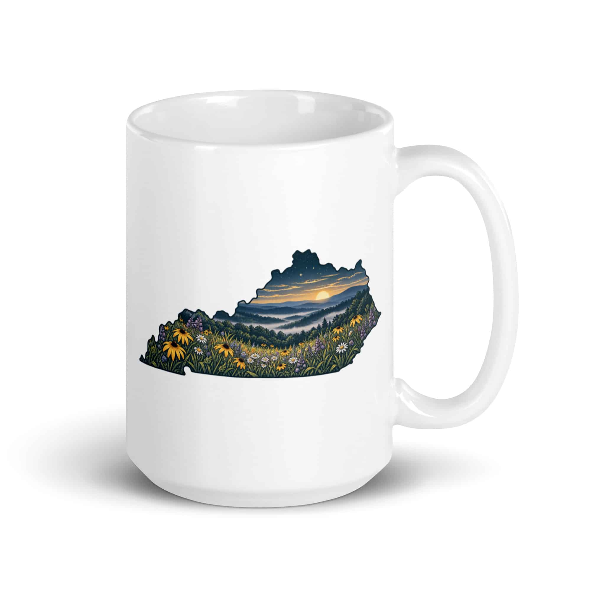 Kentucky White Ceramic Coffee Mug: Wildflower meadow, Illustrated Kentucky Silhouette