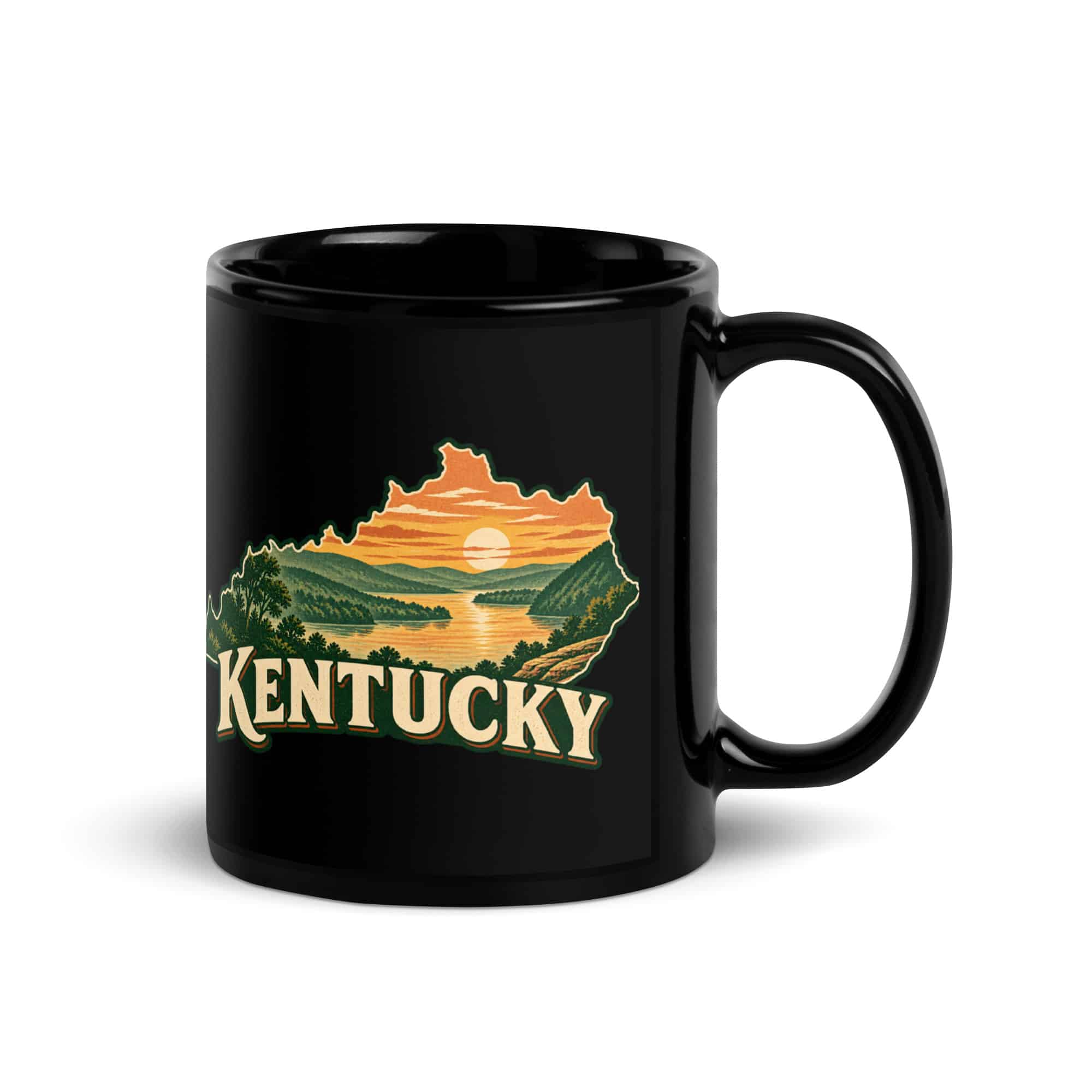 Kentucky Black Coffee Mug: River valley at sunset, Vintage Kentucky Silhouette
