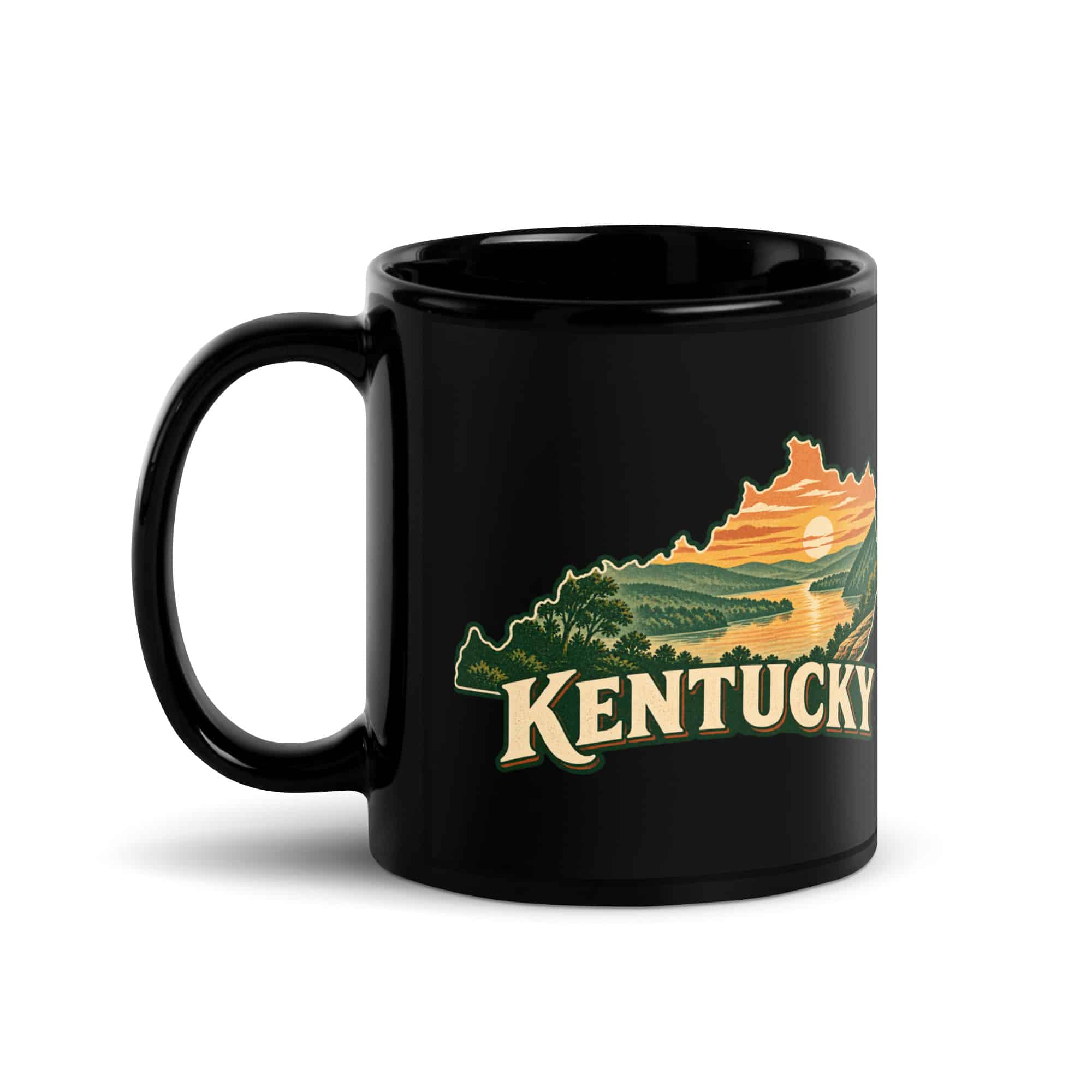 Kentucky Black Coffee Mug: River valley at sunset, Vintage Kentucky Silhouette