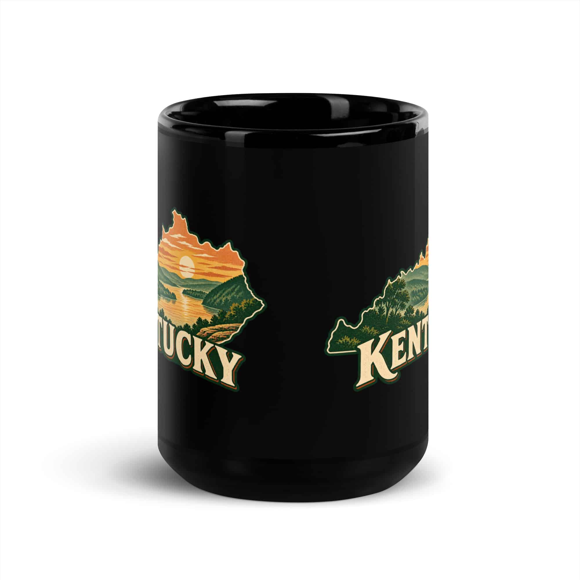 Kentucky Black Coffee Mug: River valley at sunset, Vintage Kentucky Silhouette