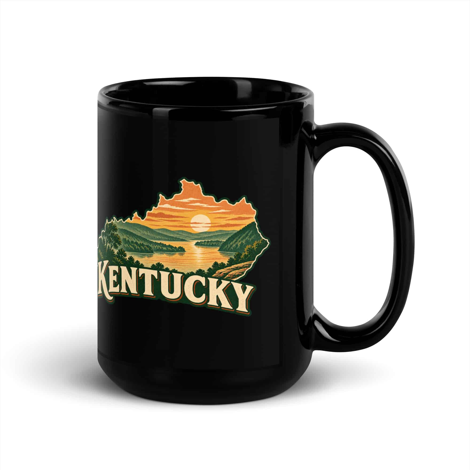 Kentucky Black Coffee Mug: River valley at sunset, Vintage Kentucky Silhouette