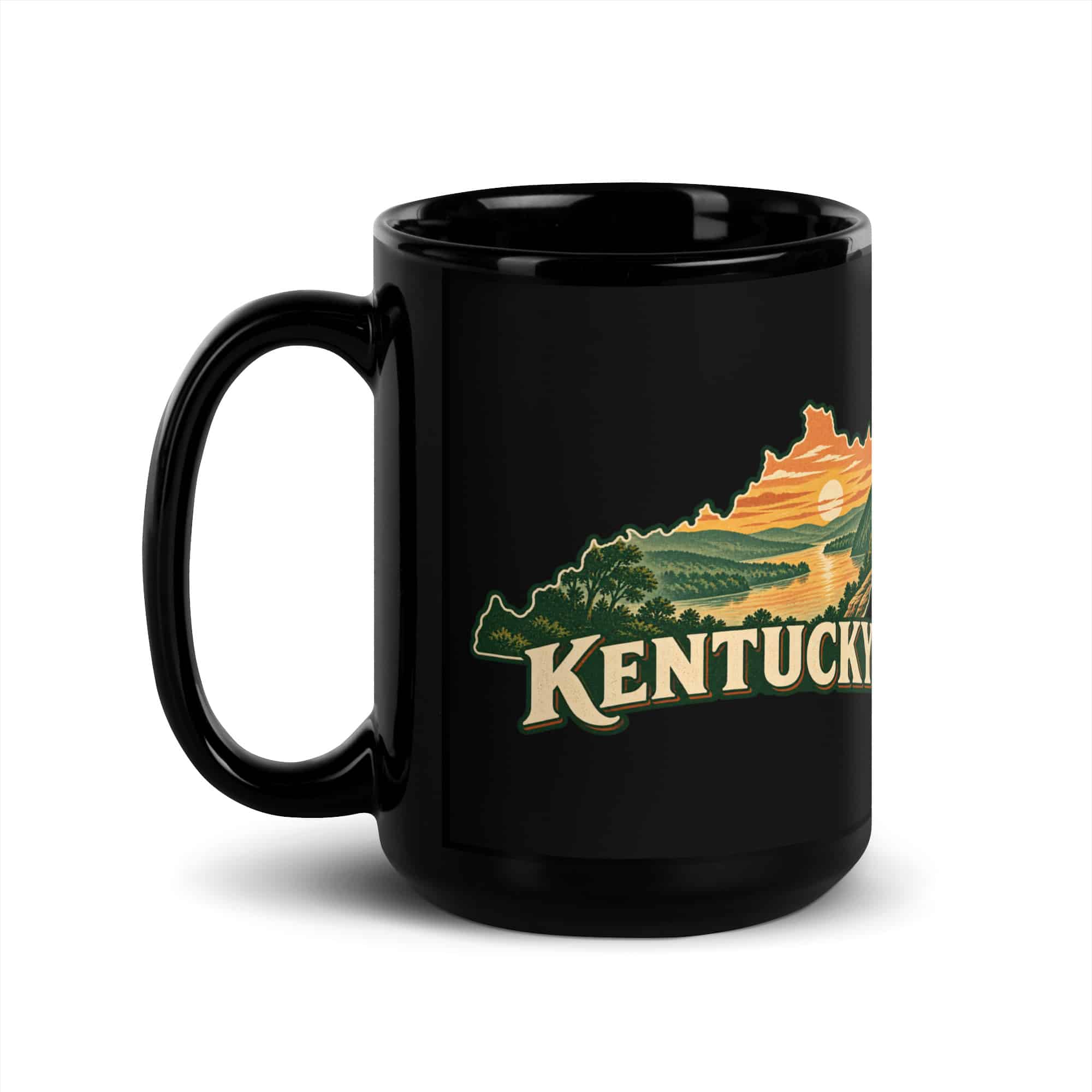 Kentucky Black Coffee Mug: River valley at sunset, Vintage Kentucky Silhouette