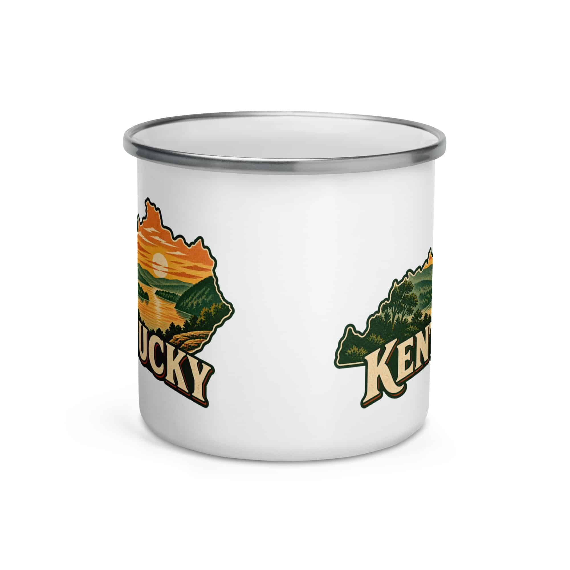 Kentucky Enamel Camp Mug: River valley at sunset, Vintage Kentucky Silhouette