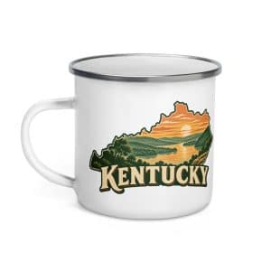 Kentucky Enamel Camp Mug: River valley at sunset, Vintage Kentucky Silhouette - 12 oz - Left