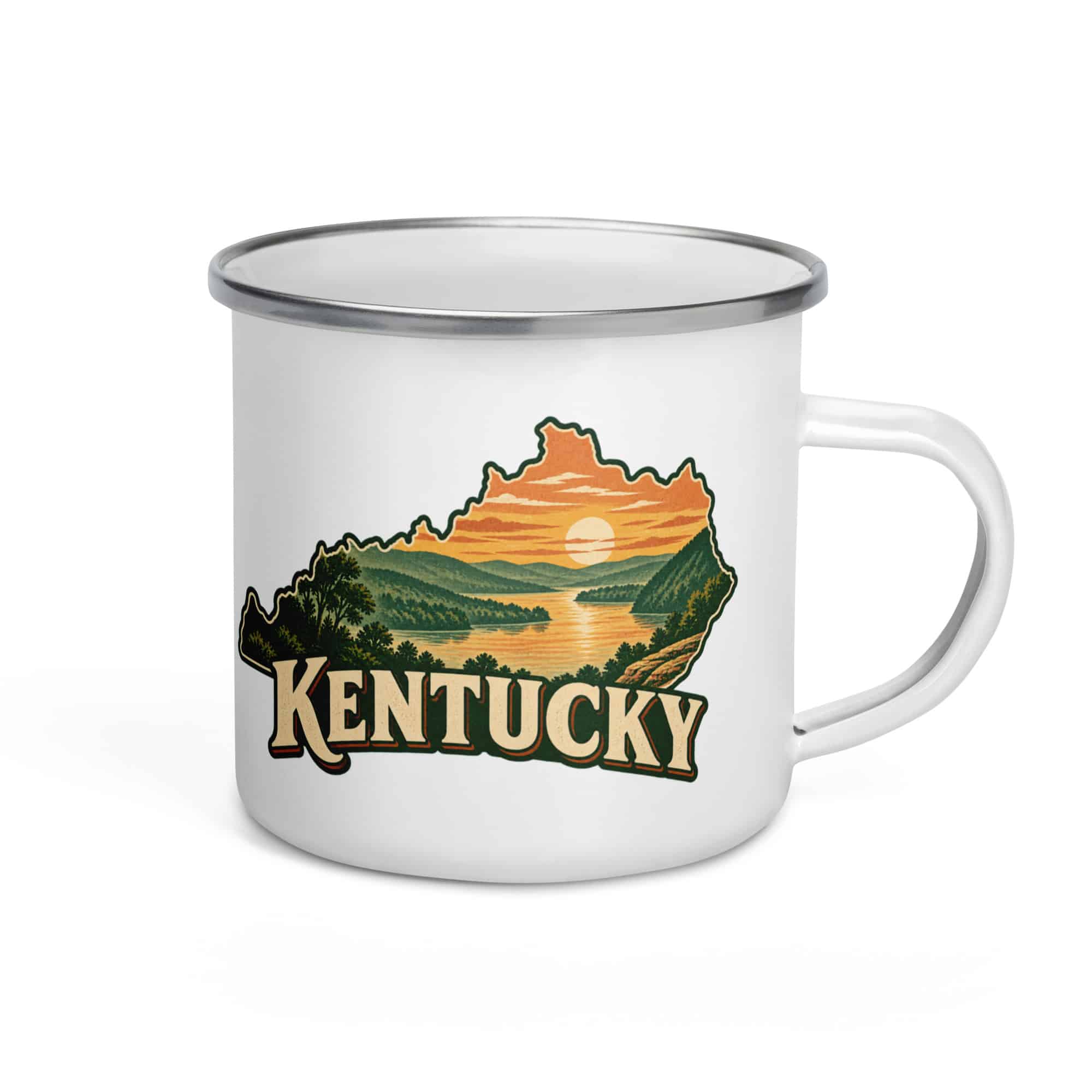 Kentucky Enamel Camp Mug: River valley at sunset, Vintage Kentucky Silhouette
