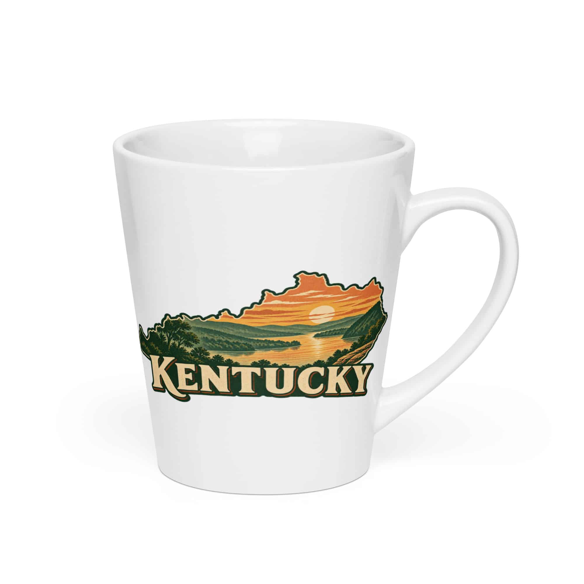 Kentucky Latte Mug: River valley at sunset, Vintage Kentucky Silhouette