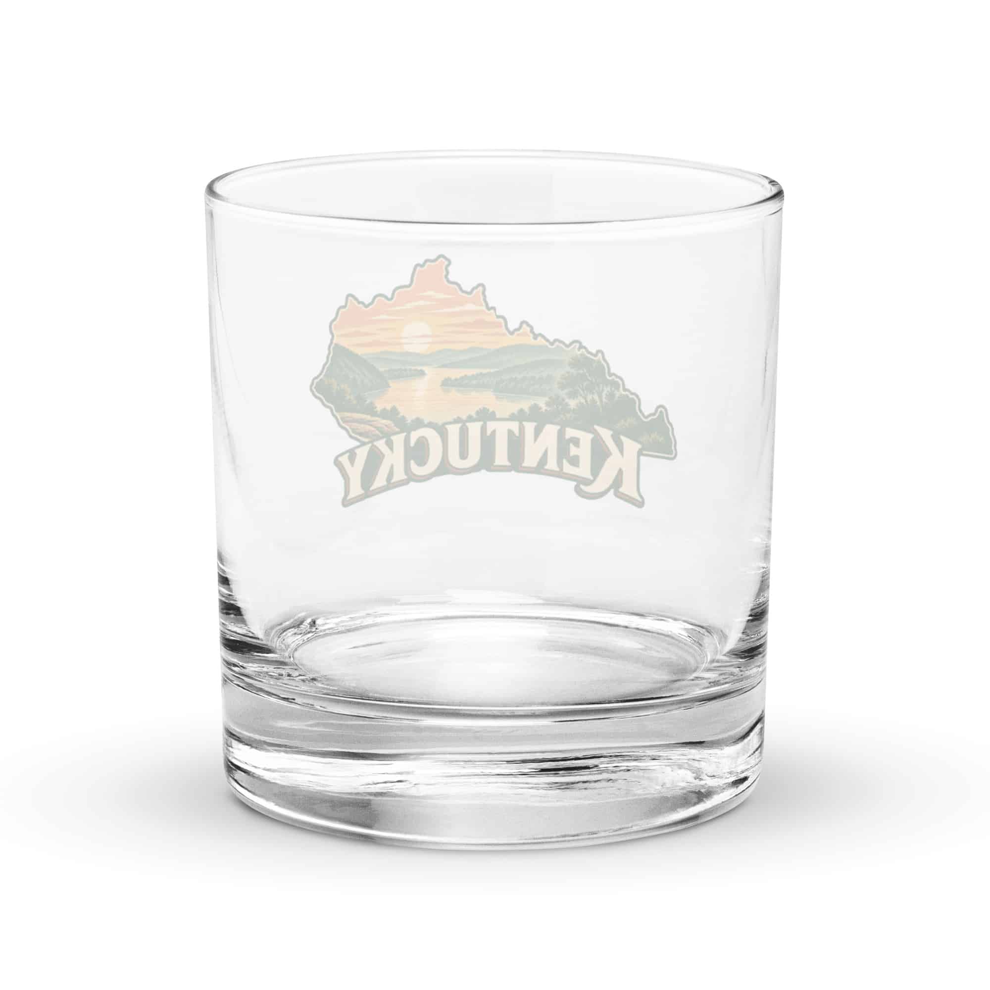 Kentucky Rocks Glass: River valley at sunset, Vintage Kentucky Silhouette