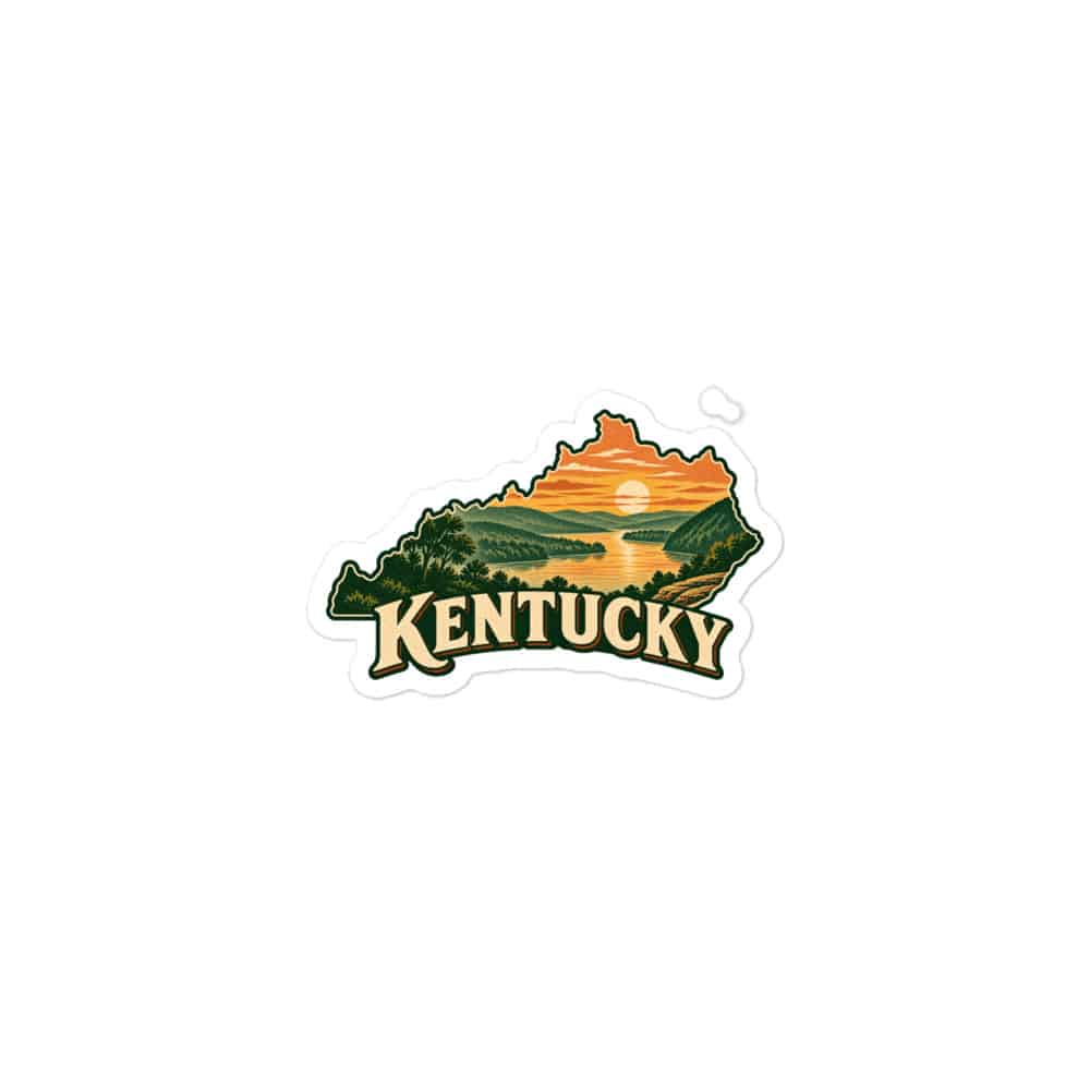 Kentucky Vinyl Sticker: River valley at sunset, Vintage Kentucky Silhouette