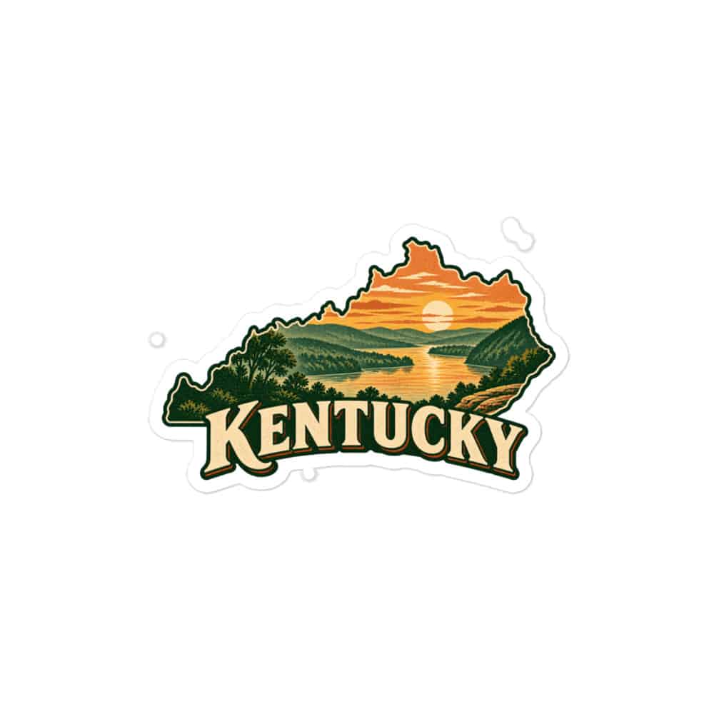 Kentucky Vinyl Sticker: River valley at sunset, Vintage Kentucky Silhouette