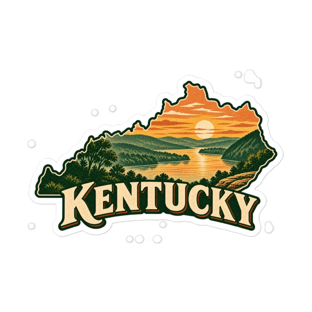 Kentucky Vinyl Sticker: River valley at sunset, Vintage Kentucky Silhouette