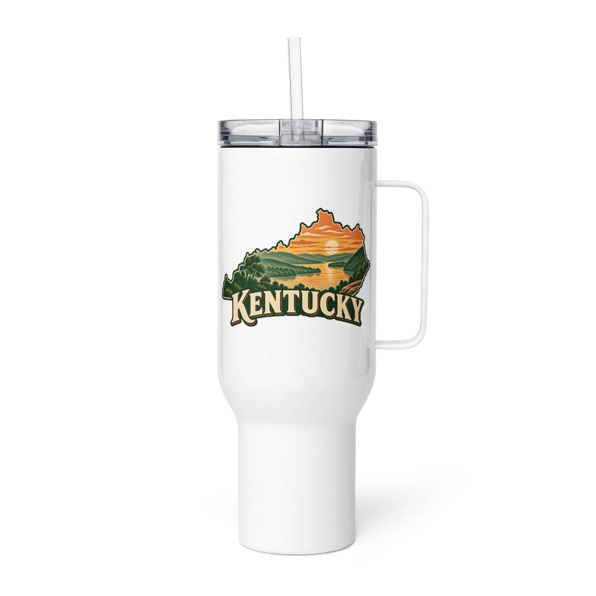 Kentucky Travel Mug: River valley at sunset, Vintage Kentucky Silhouette
