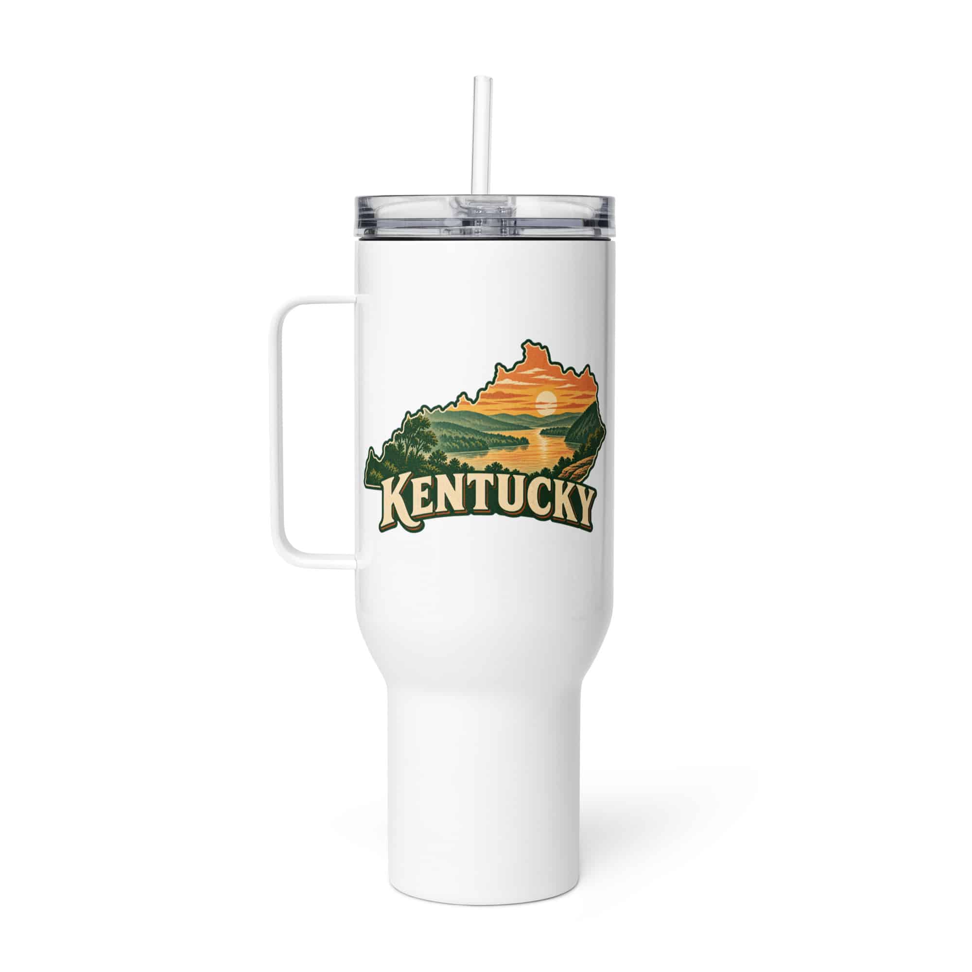 Kentucky Travel Mug: River valley at sunset, Vintage Kentucky Silhouette