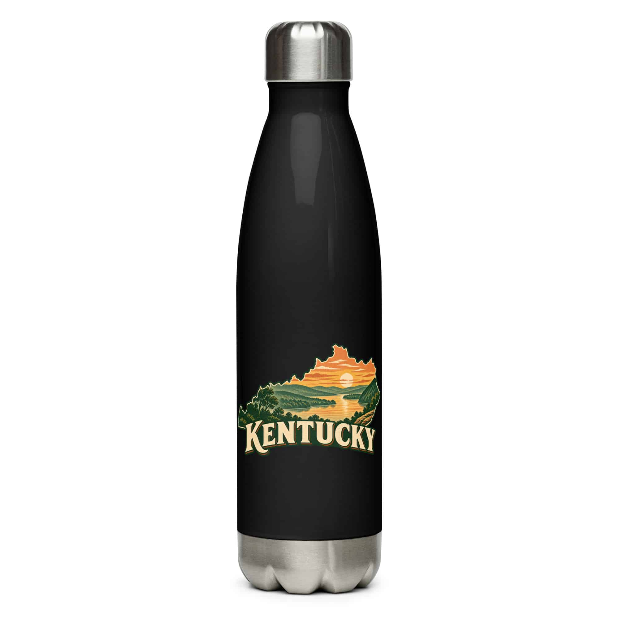 Kentucky Stainless Steel Water Bottle: River valley at sunset, Vintage Kentucky Silhouette