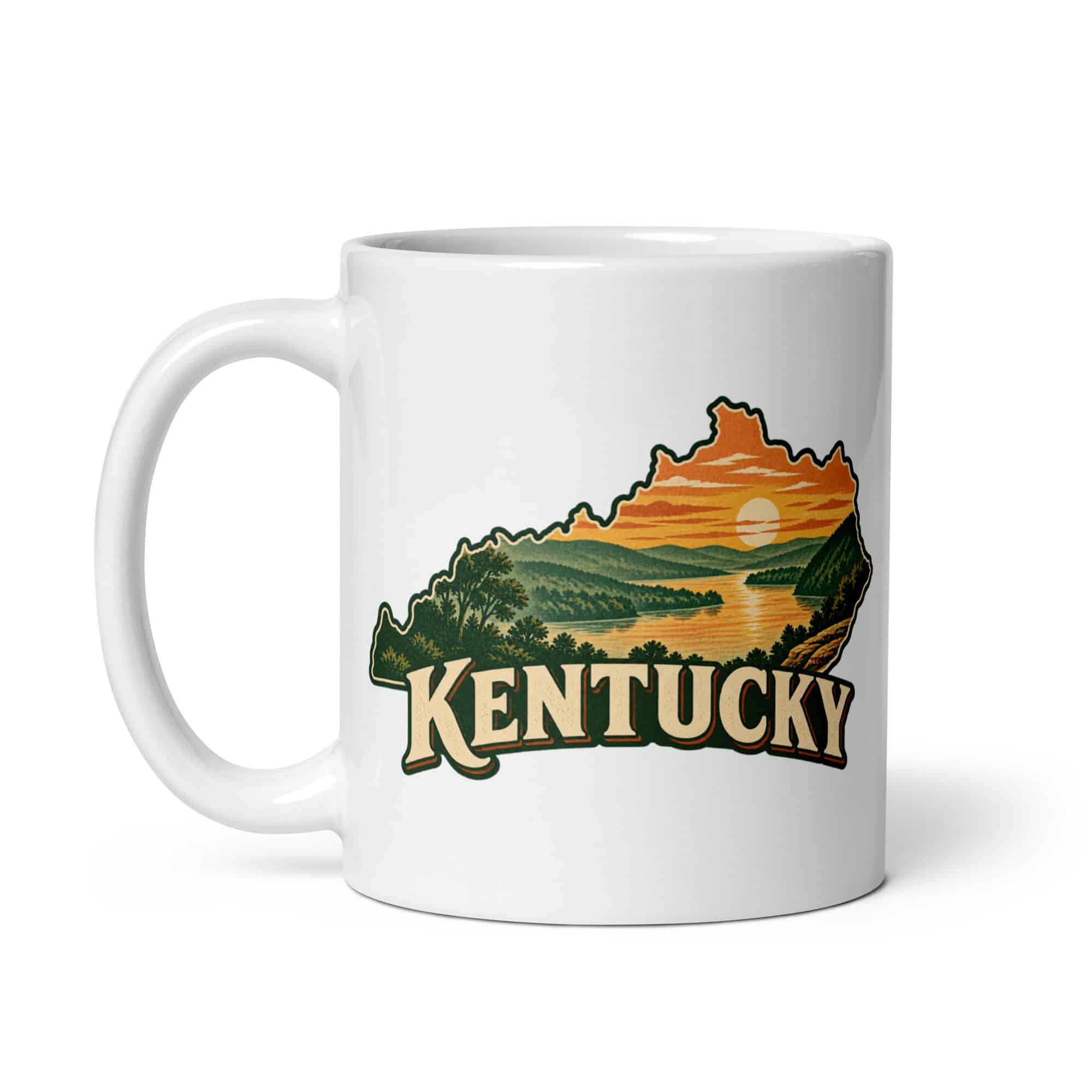 Kentucky White Ceramic Coffee Mug: River valley at sunset, Vintage Kentucky Silhouette