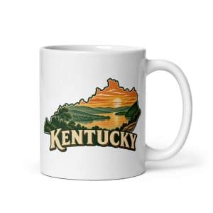 Kentucky White Ceramic Coffee Mug: River valley at sunset, Vintage Kentucky Silhouette - 11 oz - Main