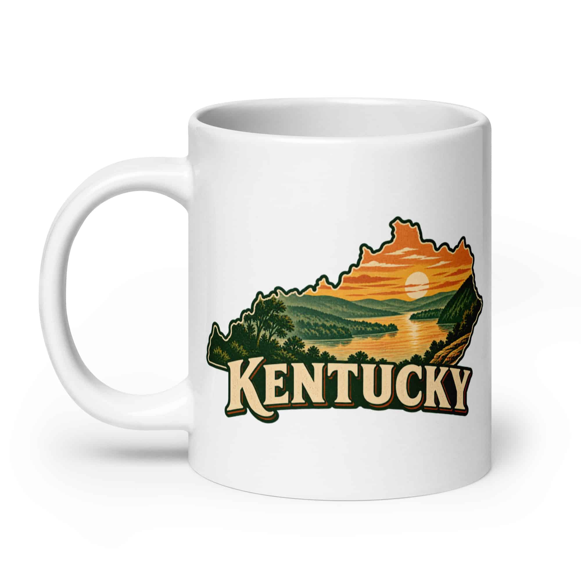 Kentucky White Ceramic Coffee Mug: River valley at sunset, Vintage Kentucky Silhouette
