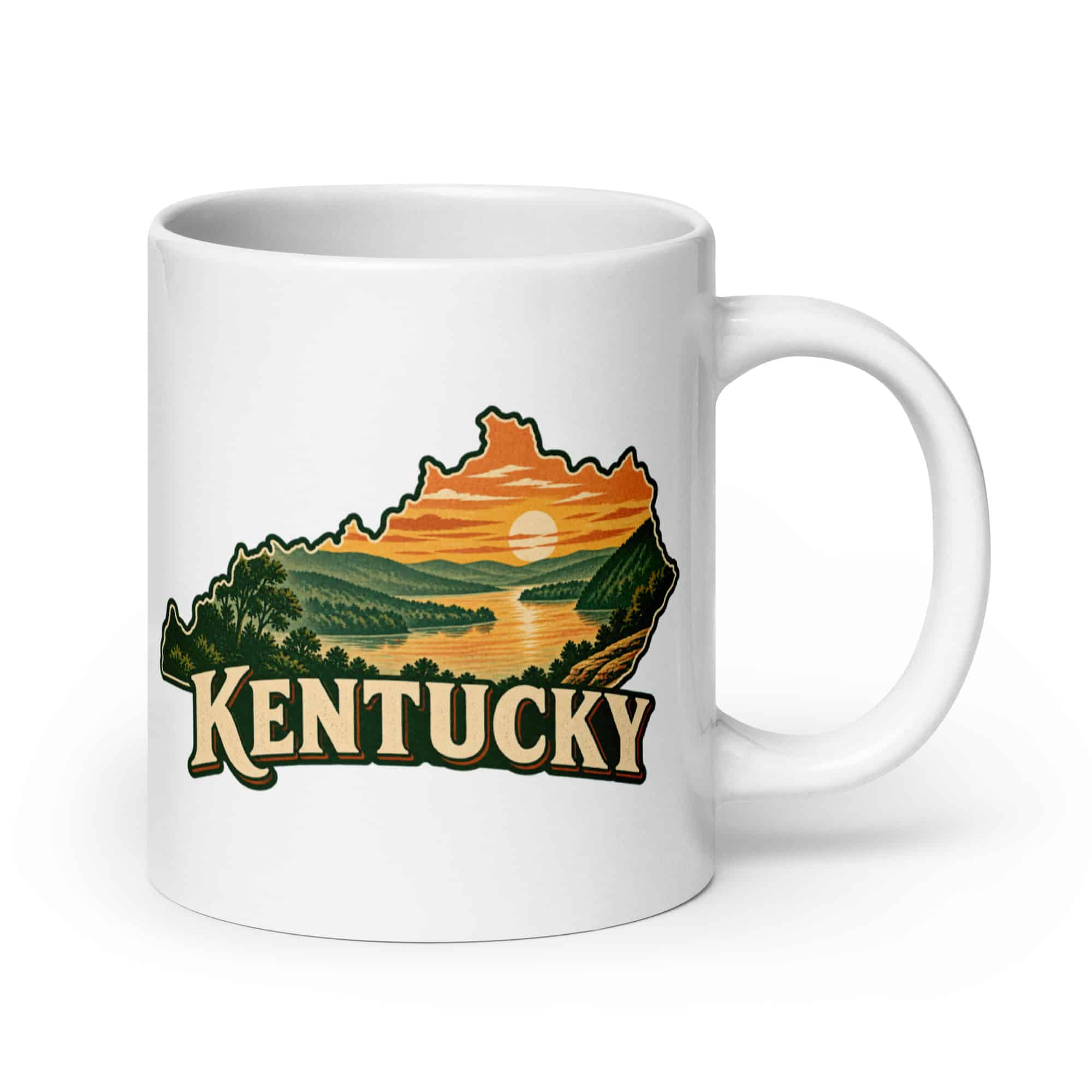 Kentucky White Ceramic Coffee Mug: River valley at sunset, Vintage Kentucky Silhouette