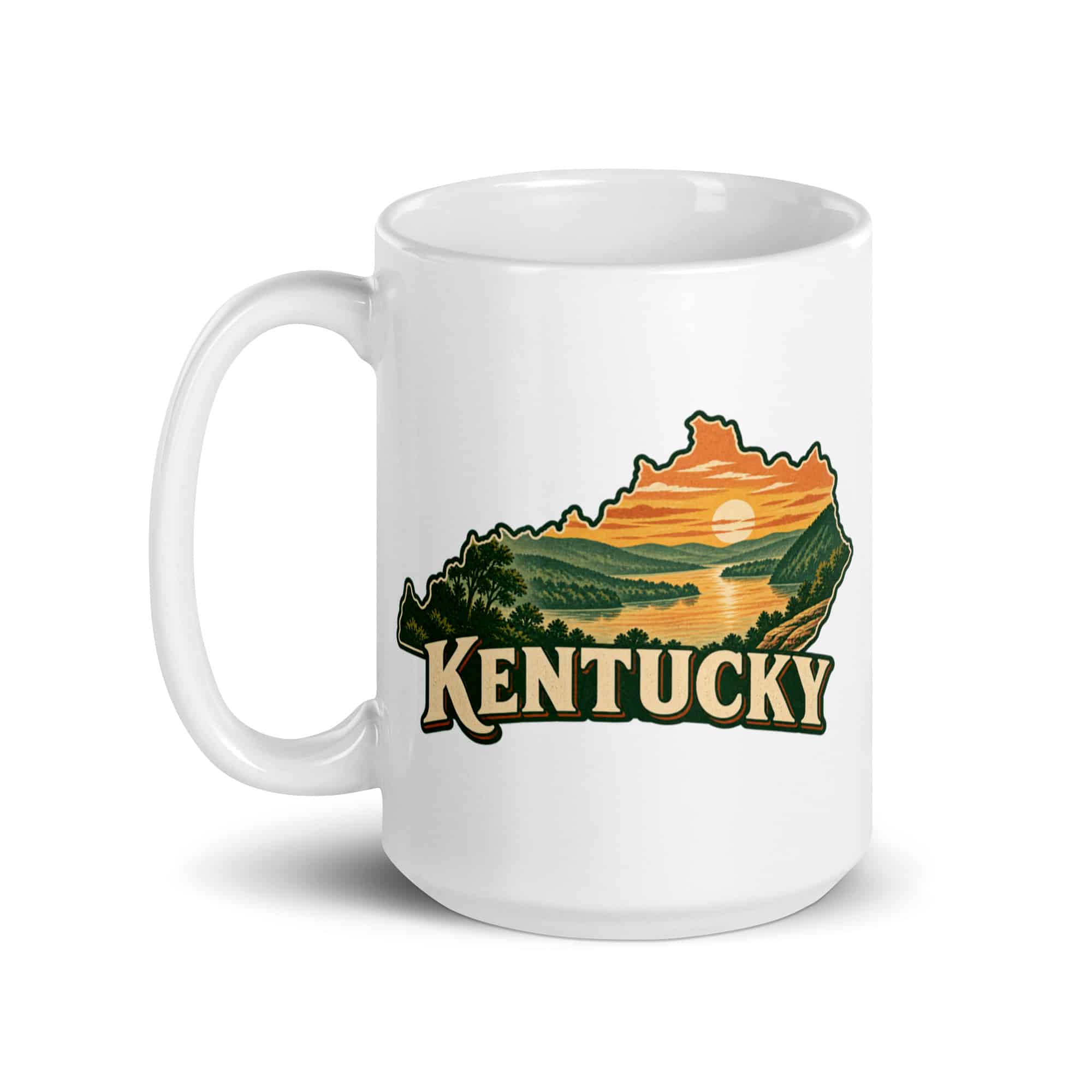 Kentucky White Ceramic Coffee Mug: River valley at sunset, Vintage Kentucky Silhouette