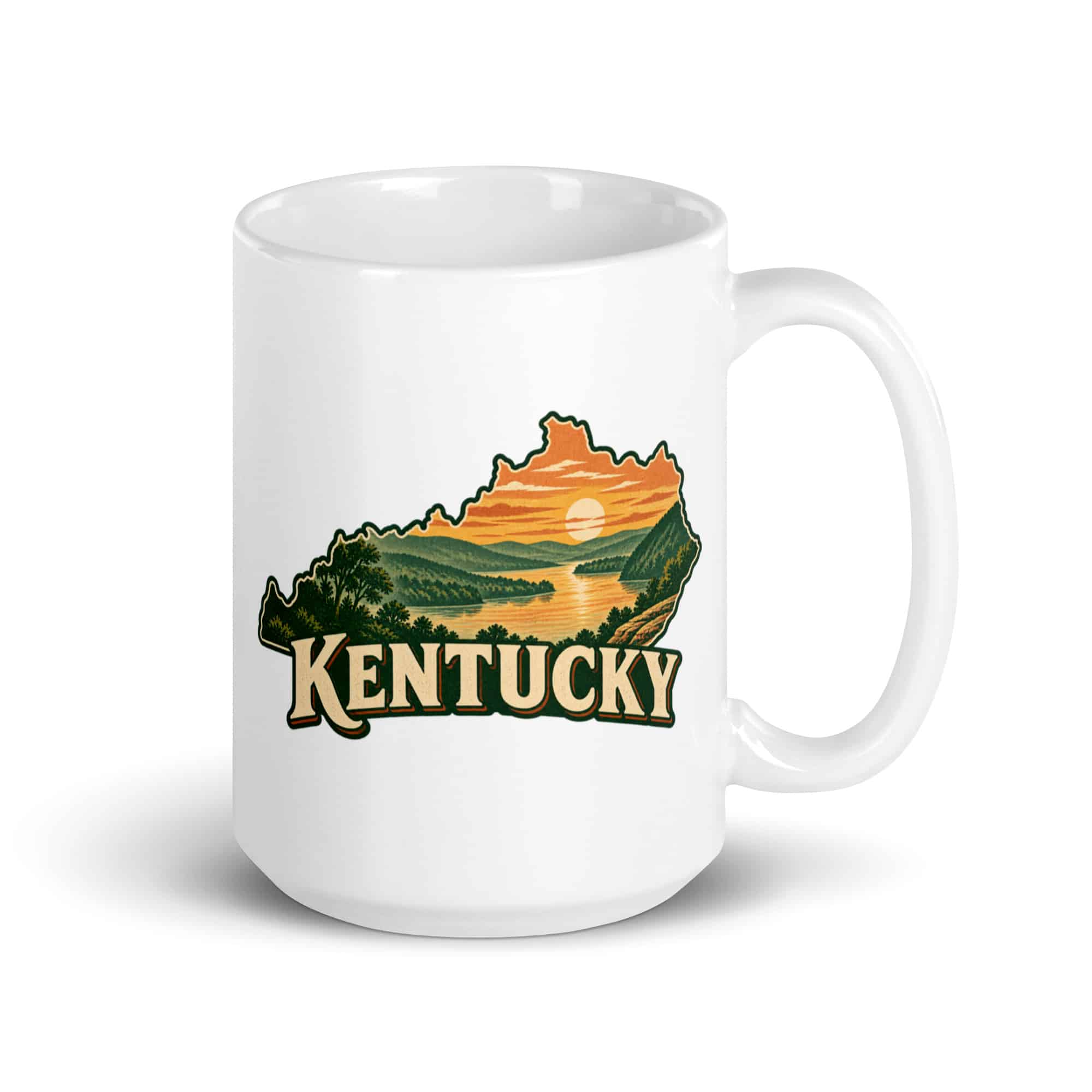Kentucky White Ceramic Coffee Mug: River valley at sunset, Vintage Kentucky Silhouette
