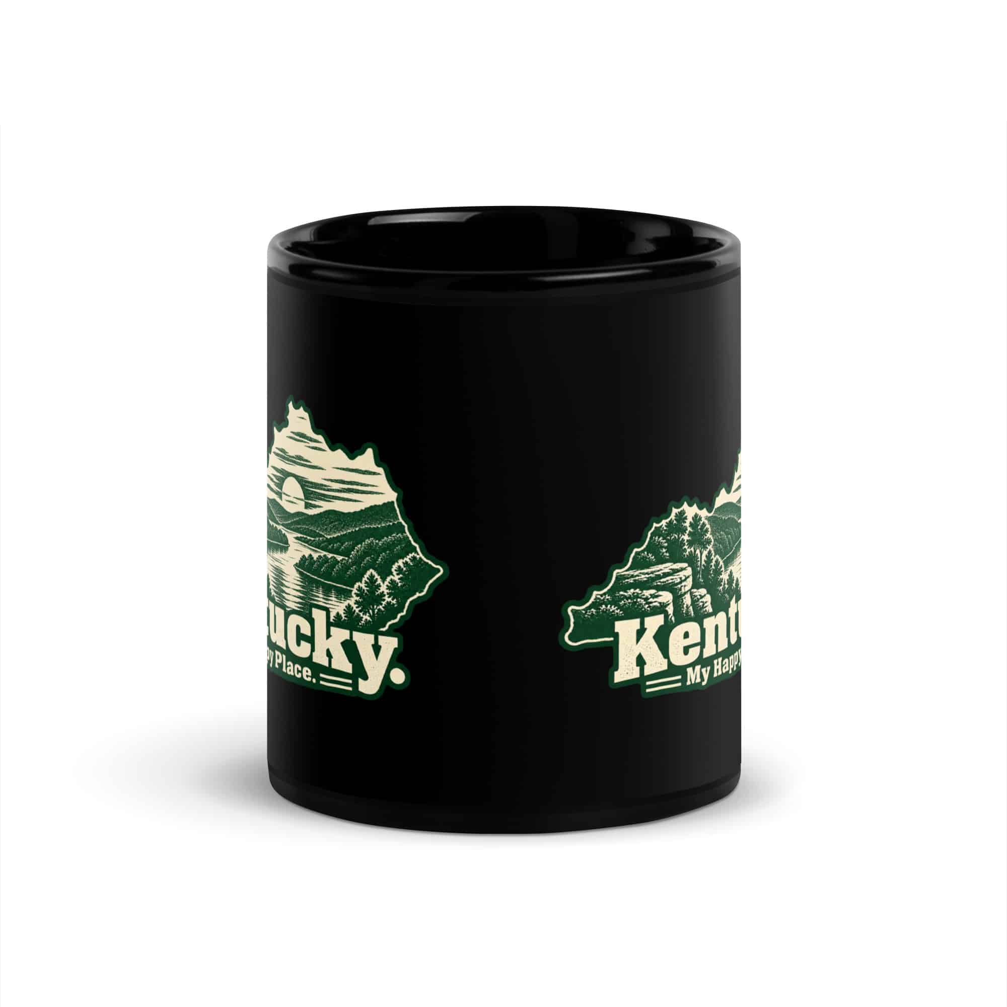 Kentucky Black Coffee Mug: River valley at sunset, Woodcut Kentucky Silhouette