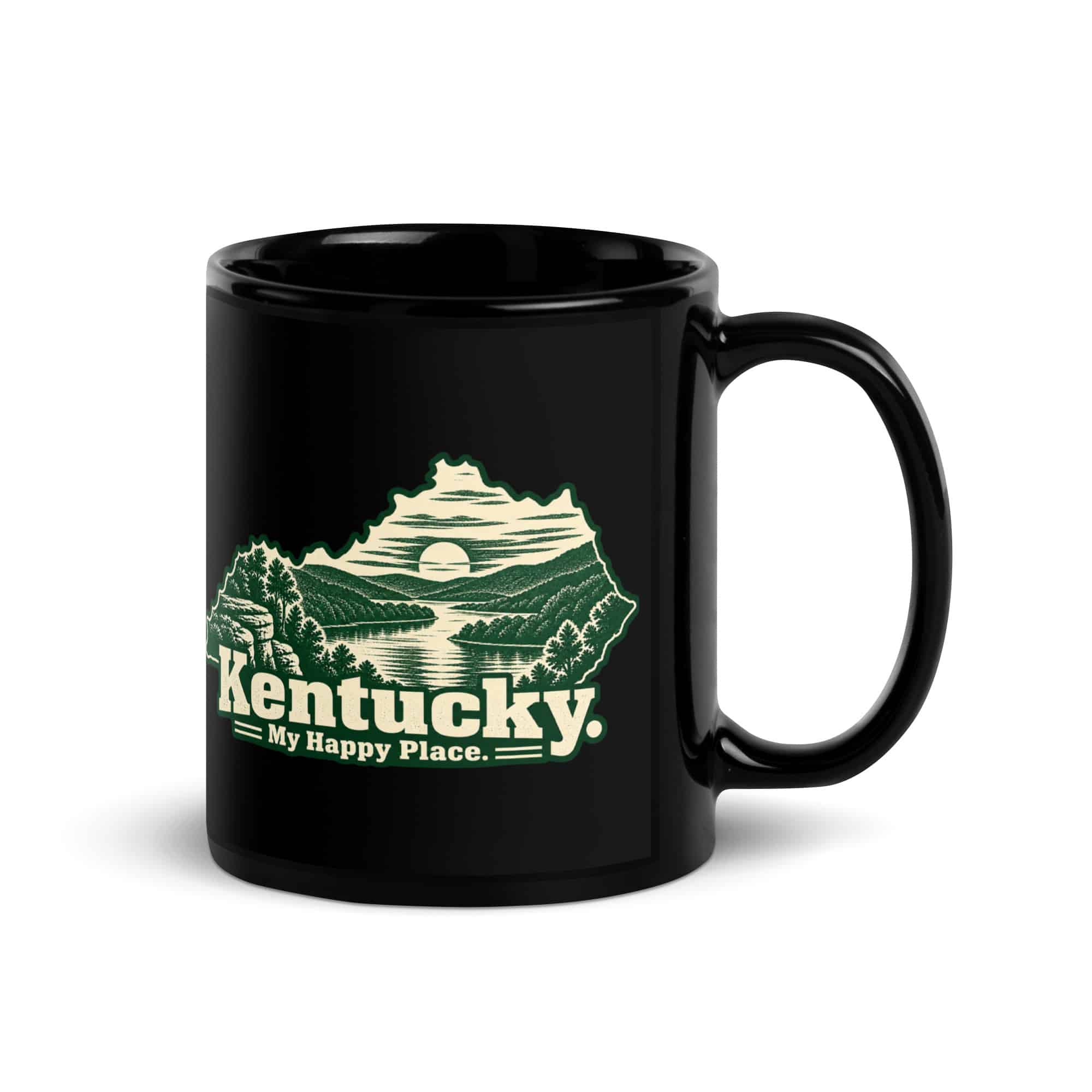 Kentucky Black Coffee Mug: River valley at sunset, Woodcut Kentucky Silhouette