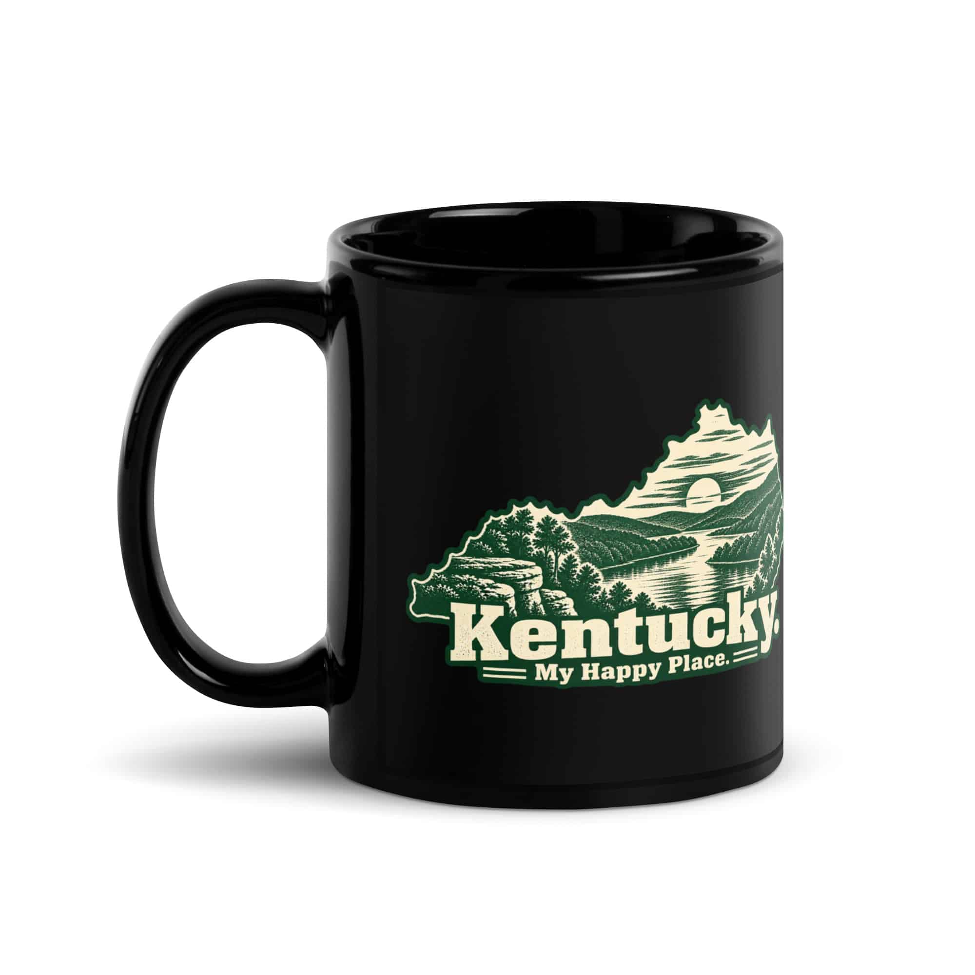 Kentucky Black Coffee Mug: River valley at sunset, Woodcut Kentucky Silhouette