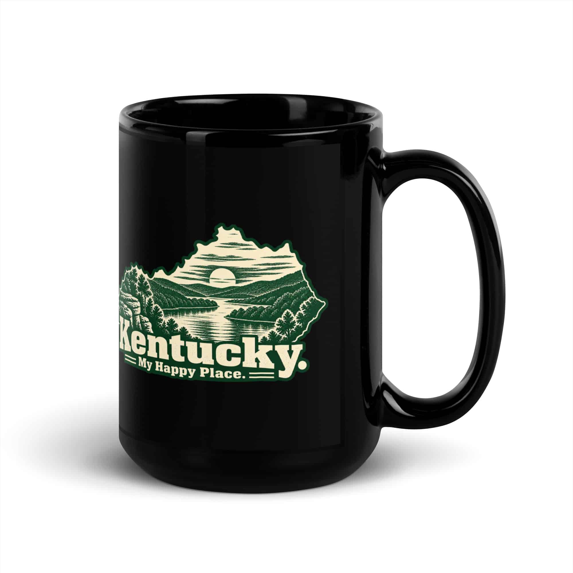 Kentucky Black Coffee Mug: River valley at sunset, Woodcut Kentucky Silhouette