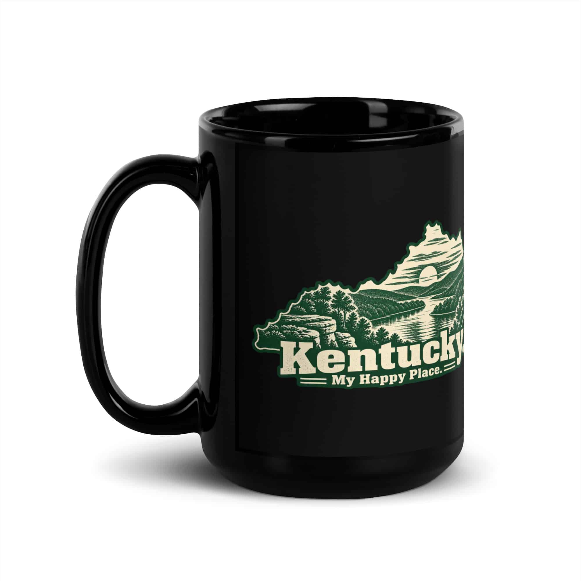 Kentucky Black Coffee Mug: River valley at sunset, Woodcut Kentucky Silhouette
