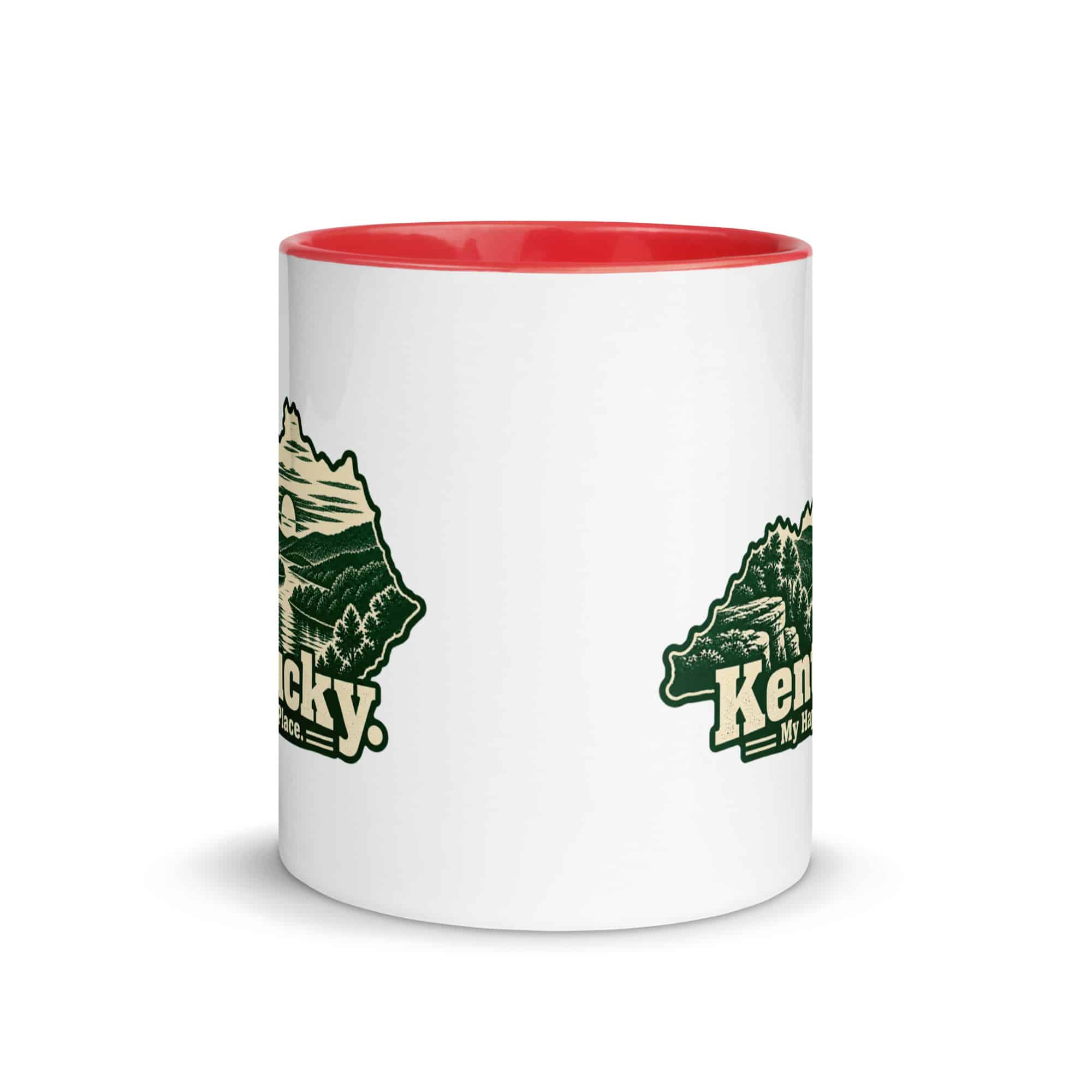 Kentucky Color Inside Coffee Mug: River valley at sunset, Woodcut Kentucky Silhouette