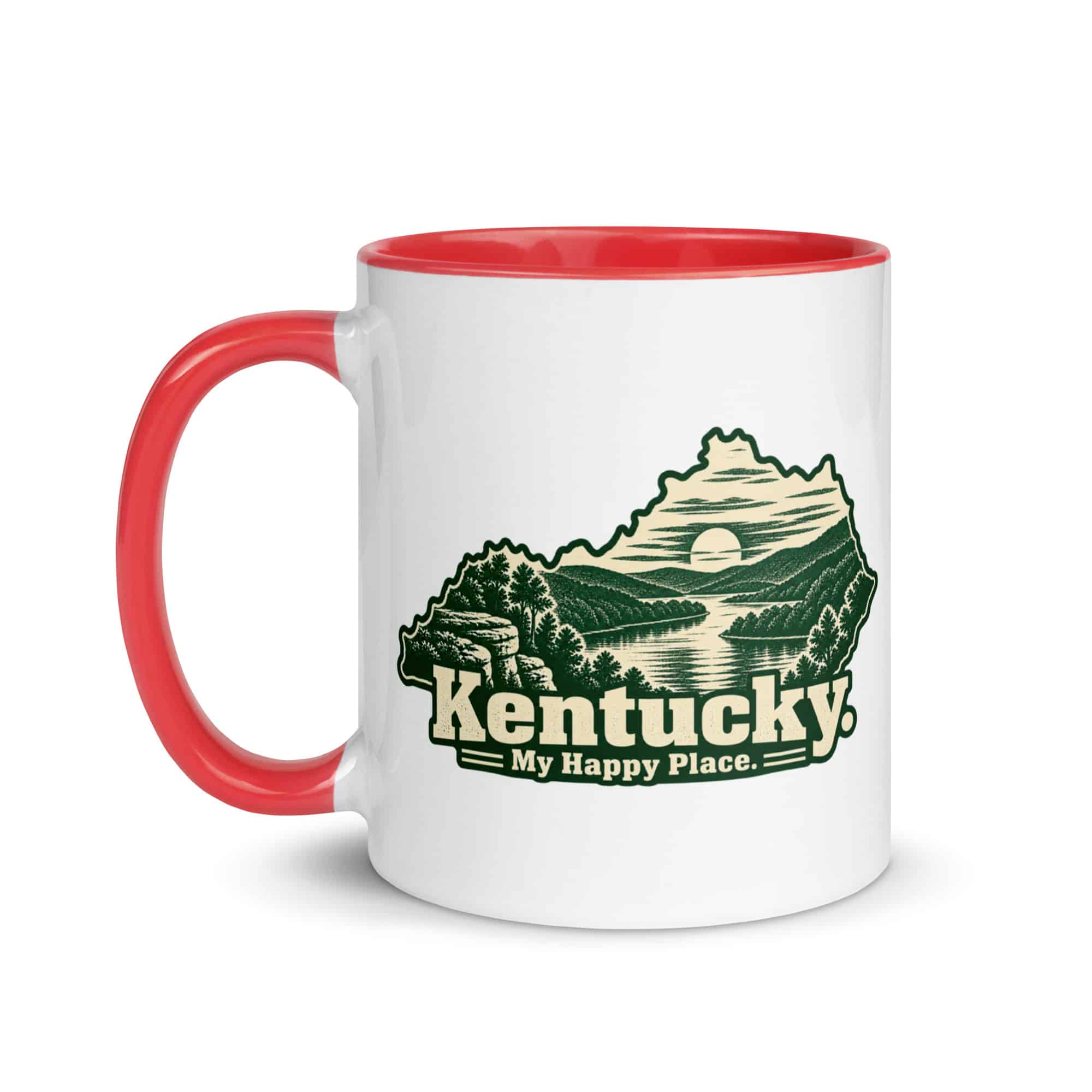 Kentucky Color Inside Coffee Mug: River valley at sunset, Woodcut Kentucky Silhouette
